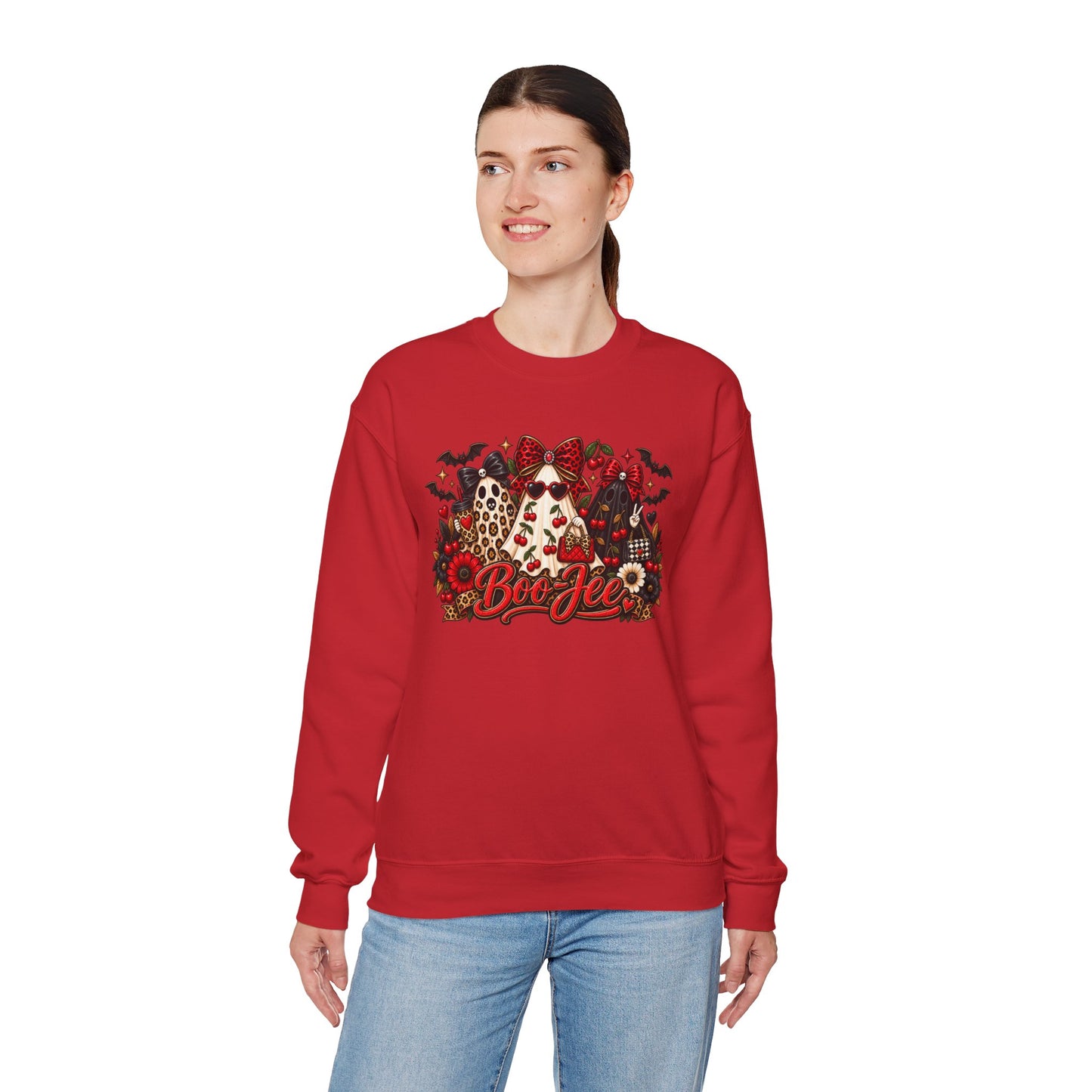 Halloween Boo Crewneck Sweatshirt — Cute Ghosts, Bats & Plaid Pumpkin Design