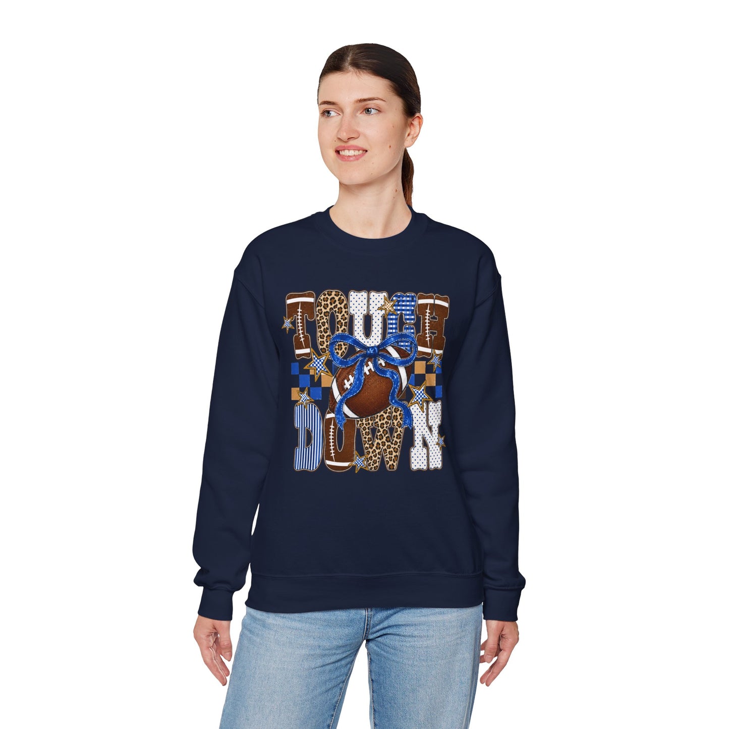 Touchdown Football Crewneck Sweatshirt — Blue & Leopard Print Game Day Pullover