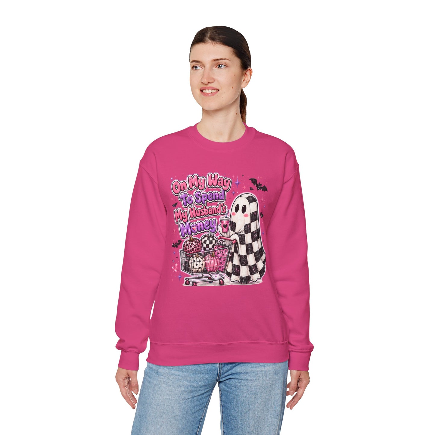 Ghost Shopping Crewneck Sweatshirt — "On My Way to Spend My Husband’s Money" Cute Gothic Halloween Pullover