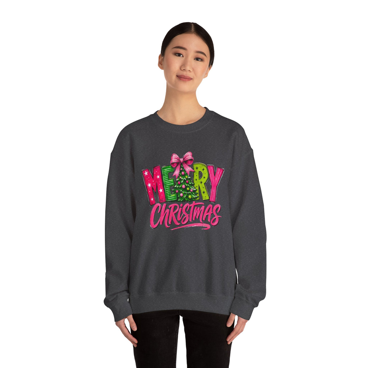 Crewneck Sweatshirt — Merry Christmas Pink & Green Holiday Tree Graphic