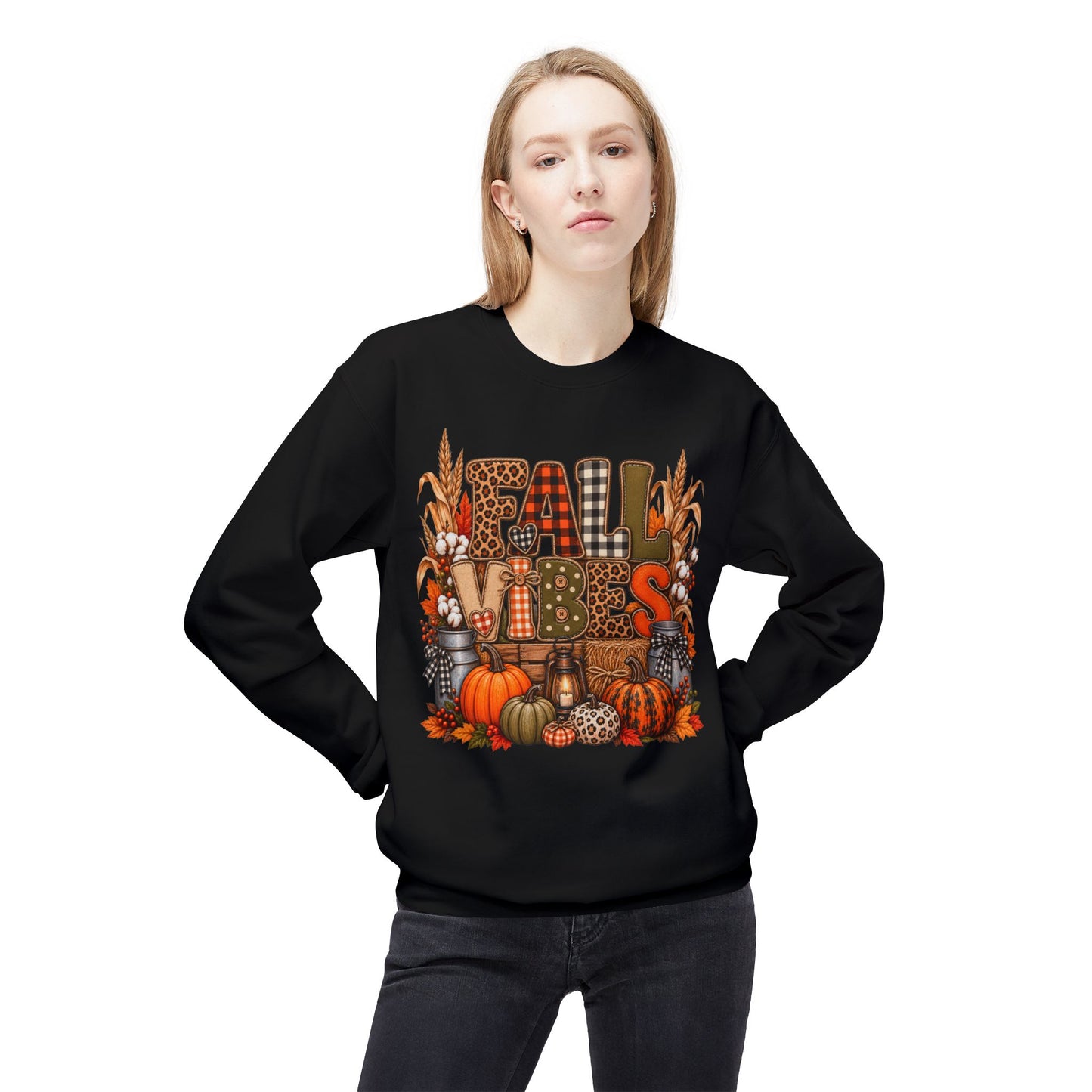 Fall Vibes Crewneck Sweatshirt — Pumpkin, Plaid & Harvest Graphic