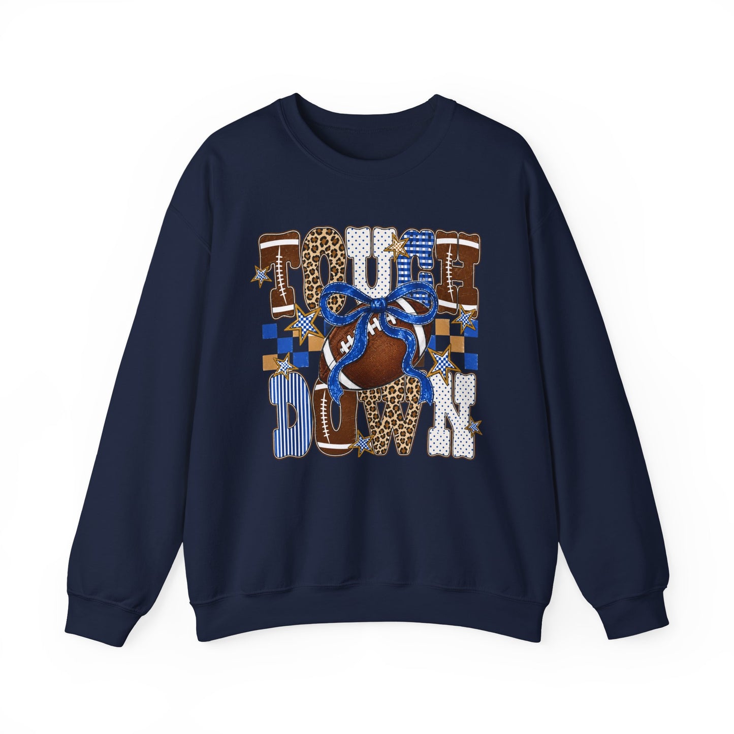 Touchdown Football Crewneck Sweatshirt — Blue & Leopard Print Game Day Pullover