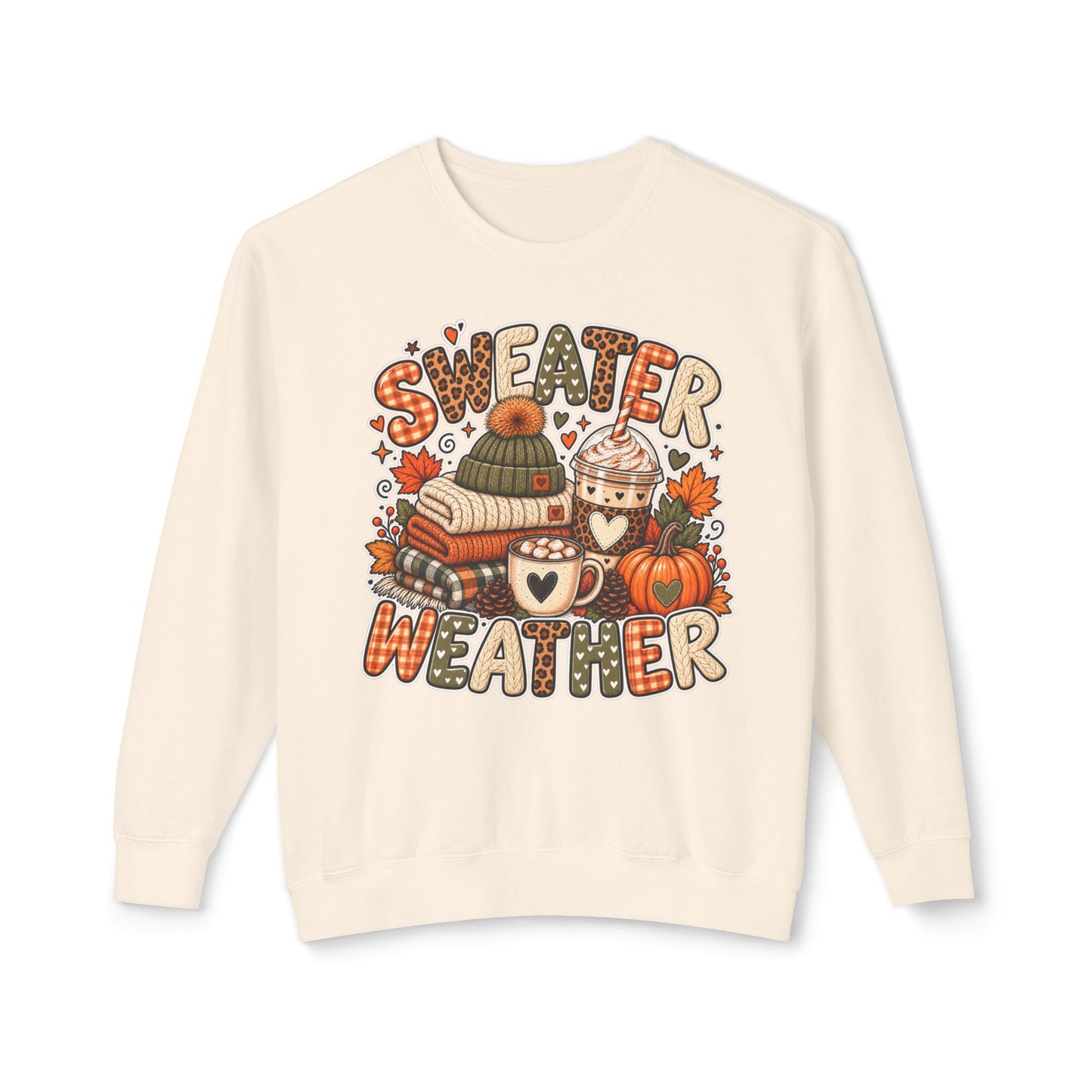 Sweater Weather Crewneck Sweatshirt – Cozy Fall Pumpkin & Hot Cocoa Graphic