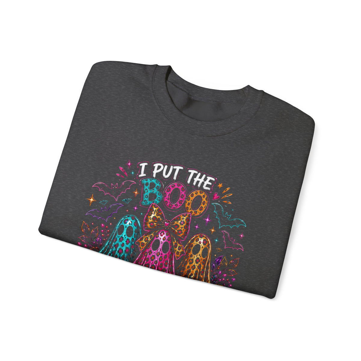 Halloween Crewneck Sweatshirt - "I Put the Boo in Boo-tee" Colorful Ghosts