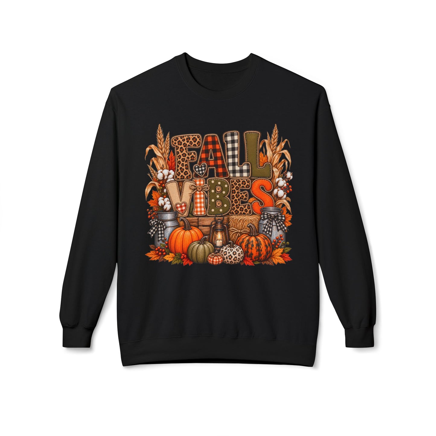 Fall Vibes Crewneck Sweatshirt — Pumpkin, Plaid & Harvest Graphic