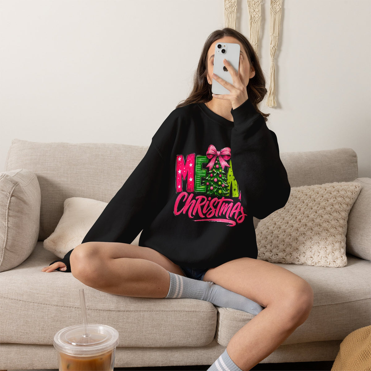 Crewneck Sweatshirt — Merry Christmas Pink & Green Holiday Tree Graphic