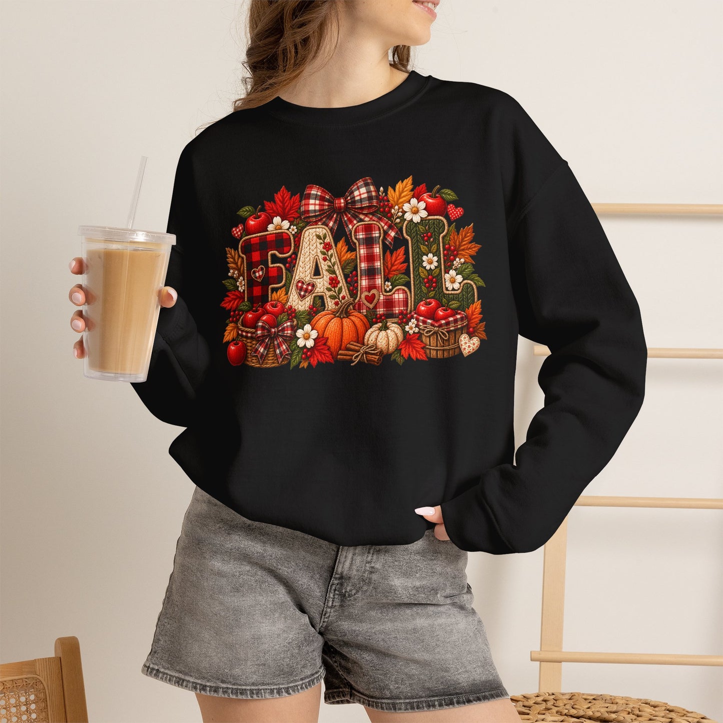 Fall Farmhouse Crewneck Sweatshirt — Pumpkin, Plaid & Autumn Decor Graphic