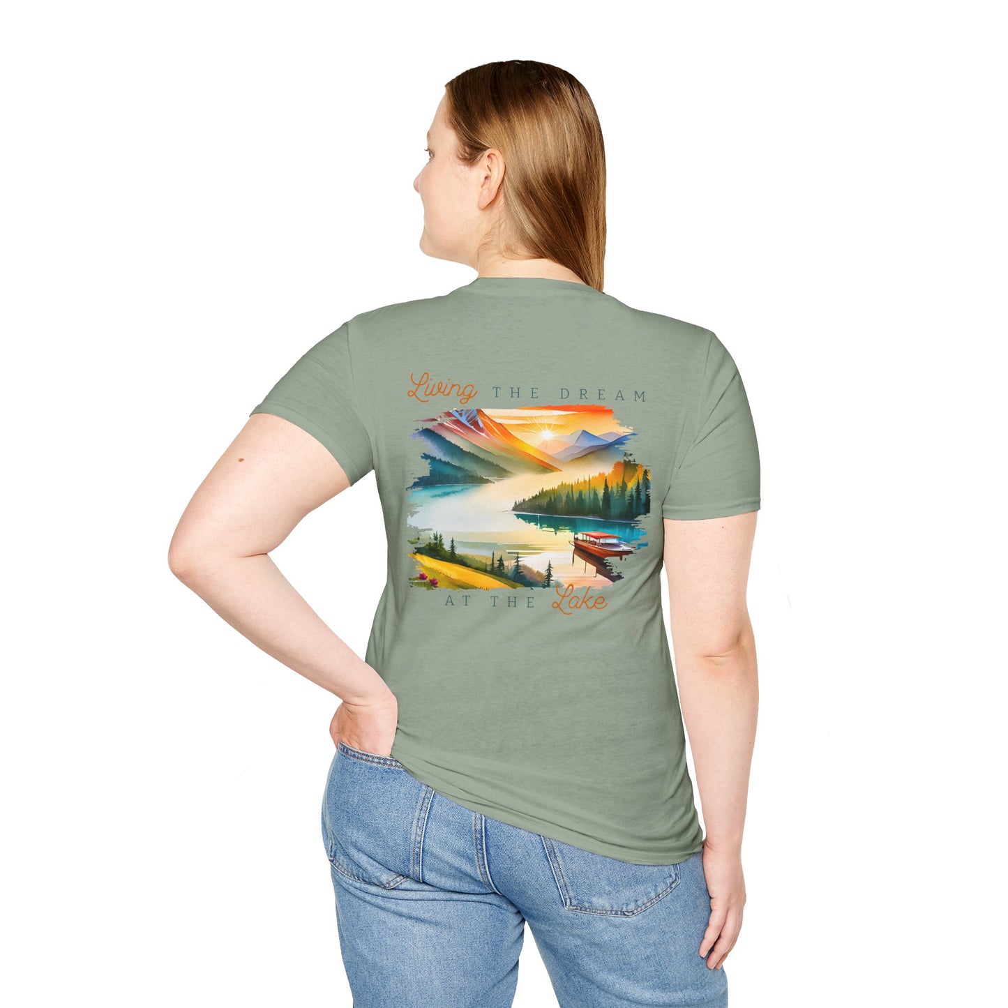 Lake Life T-Shirt — "Living the Dream at the Lake" Boat & Mountain Scene