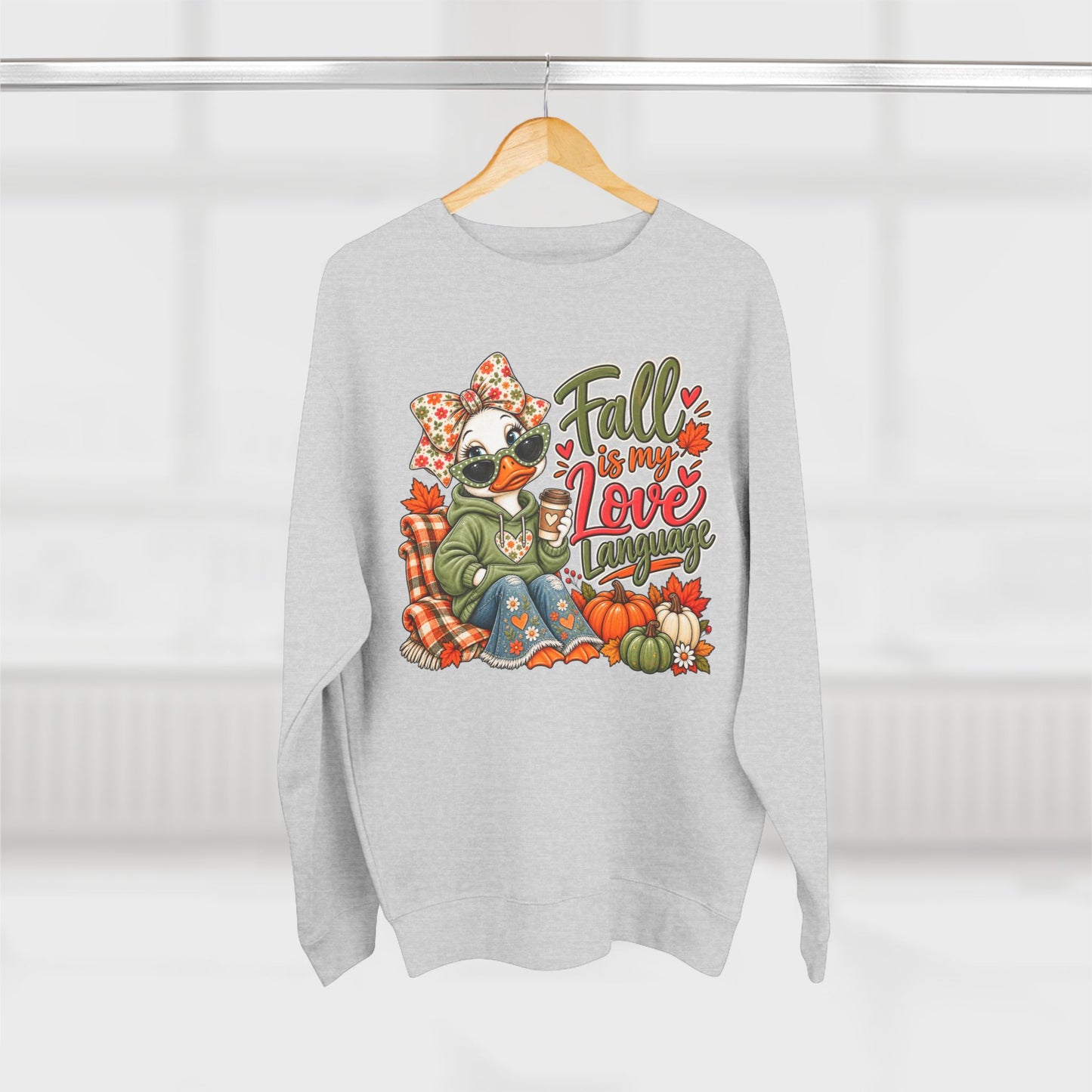 Fall Is My Love Language Sweatshirt — Cozy Autumn Duck Design with Pumpkins