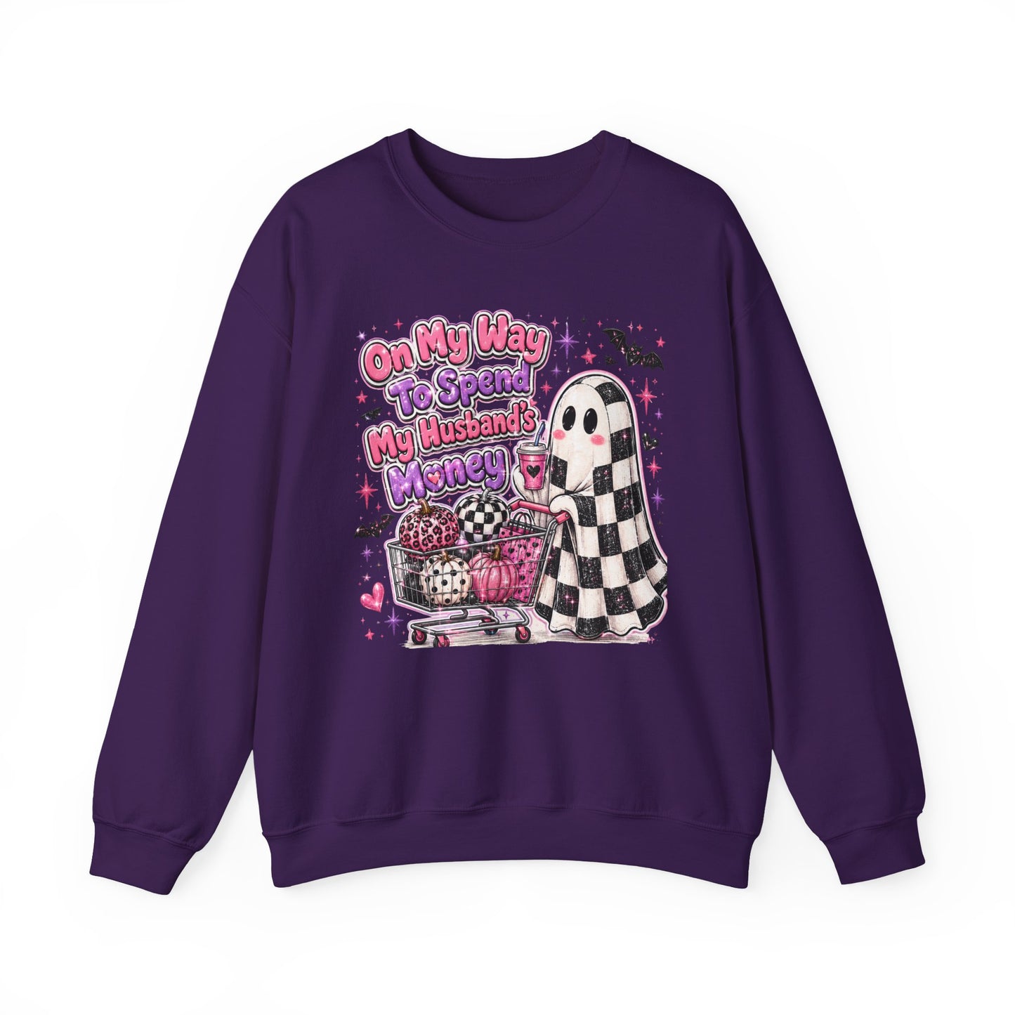 Ghost Shopping Crewneck Sweatshirt — "On My Way to Spend My Husband’s Money" Cute Gothic Halloween Pullover