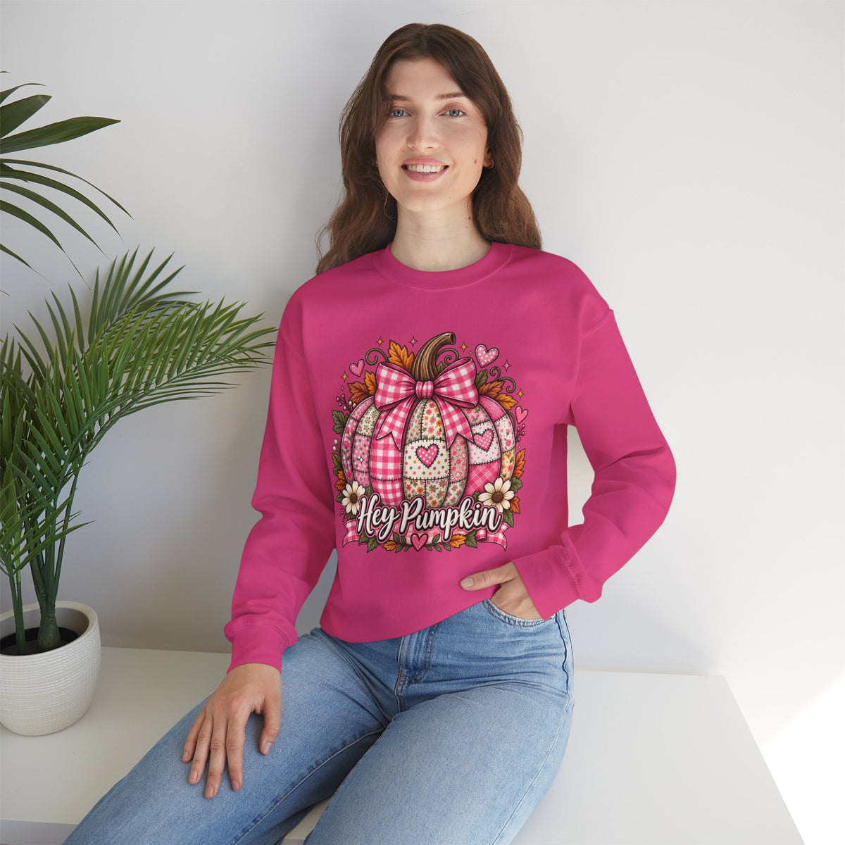 Hey Pumpkin Sweatshirt — Pink Plaid Pumpkin Crewneck for Fall & Valentine’s