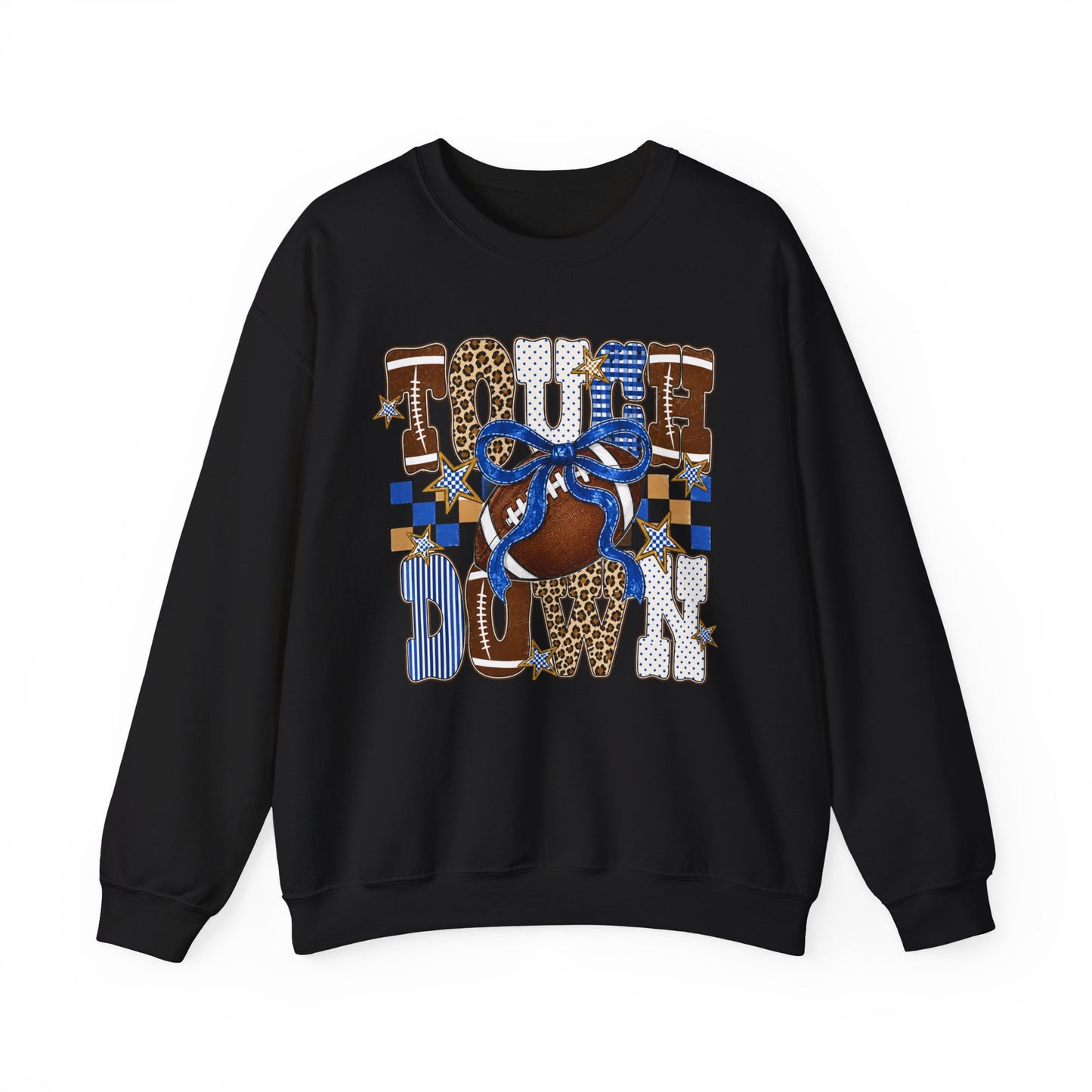 Touchdown Football Crewneck Sweatshirt — Blue & Leopard Print Game Day Pullover