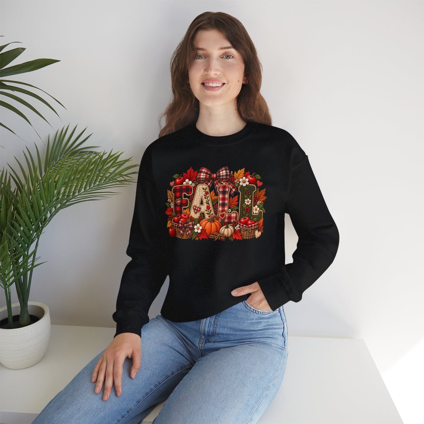 Fall Farmhouse Crewneck Sweatshirt — Pumpkin, Plaid & Autumn Decor Graphic