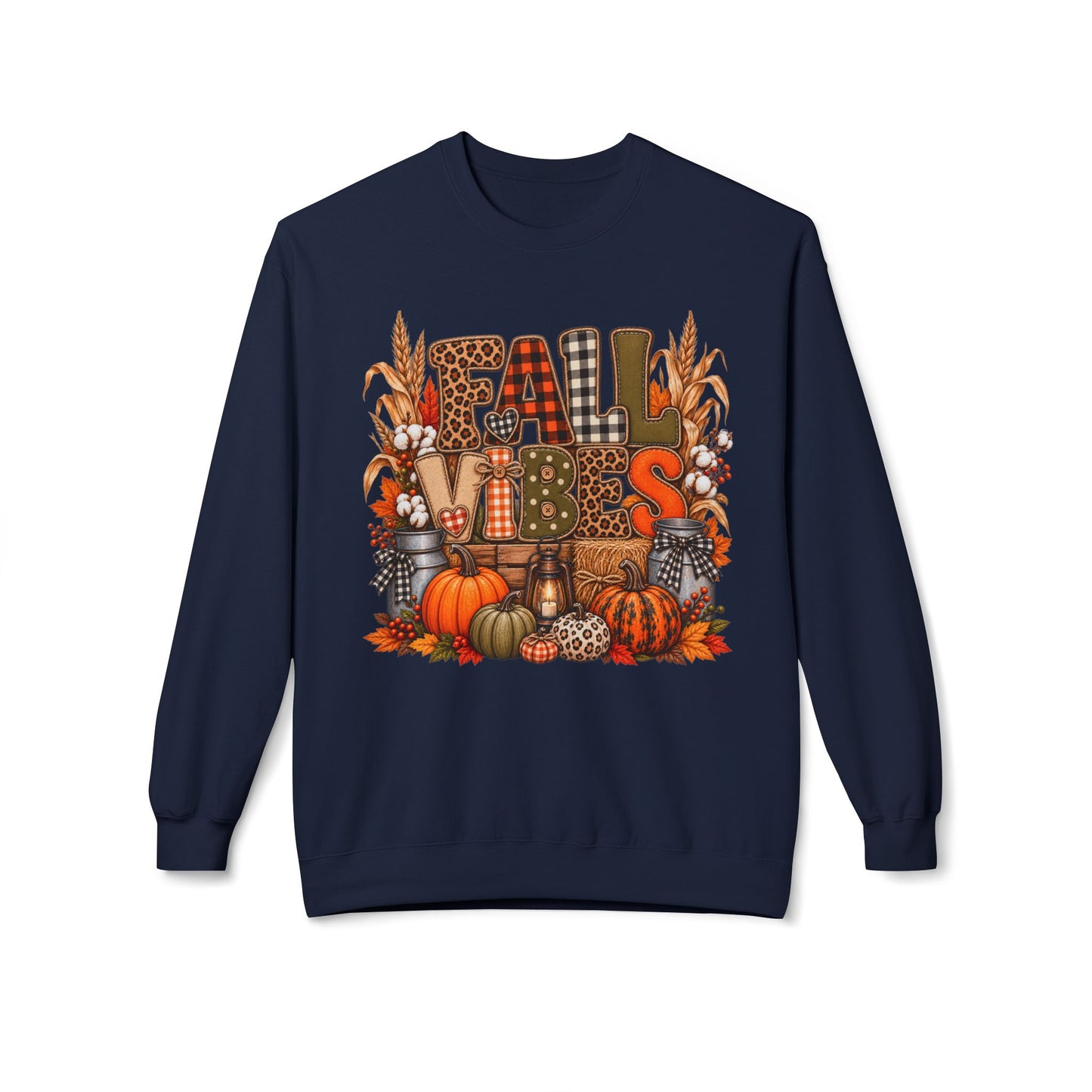 Fall Vibes Crewneck Sweatshirt — Pumpkin, Plaid & Harvest Graphic