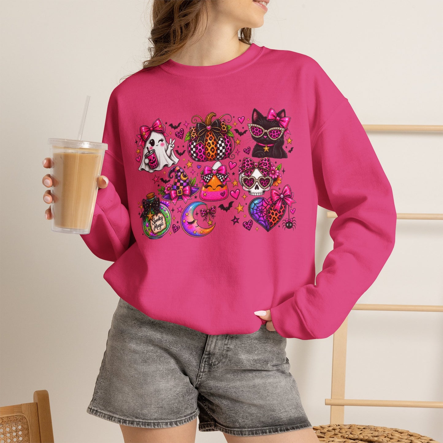 Halloween Cat & Pumpkin Crewneck Sweatshirt — Colorful Spooky Cute Design