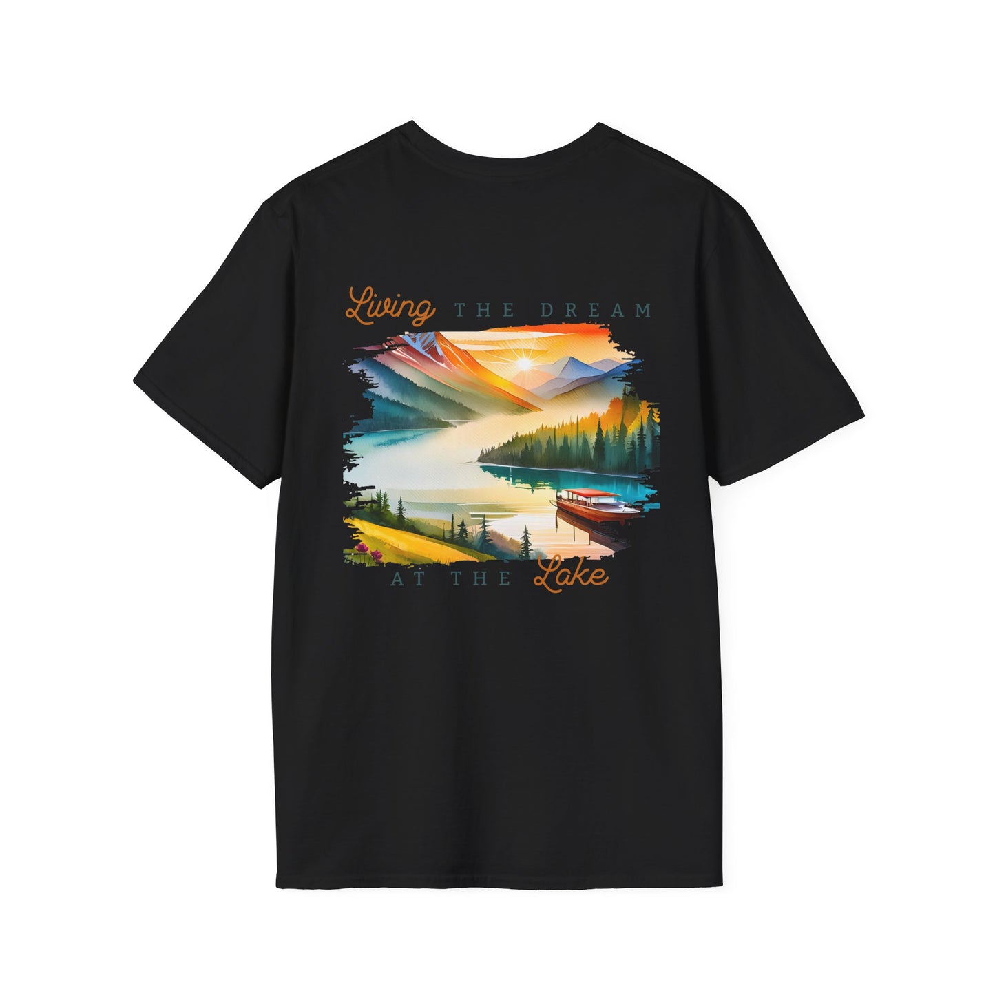 Lake Life T-Shirt — "Living the Dream at the Lake" Boat & Mountain Scene