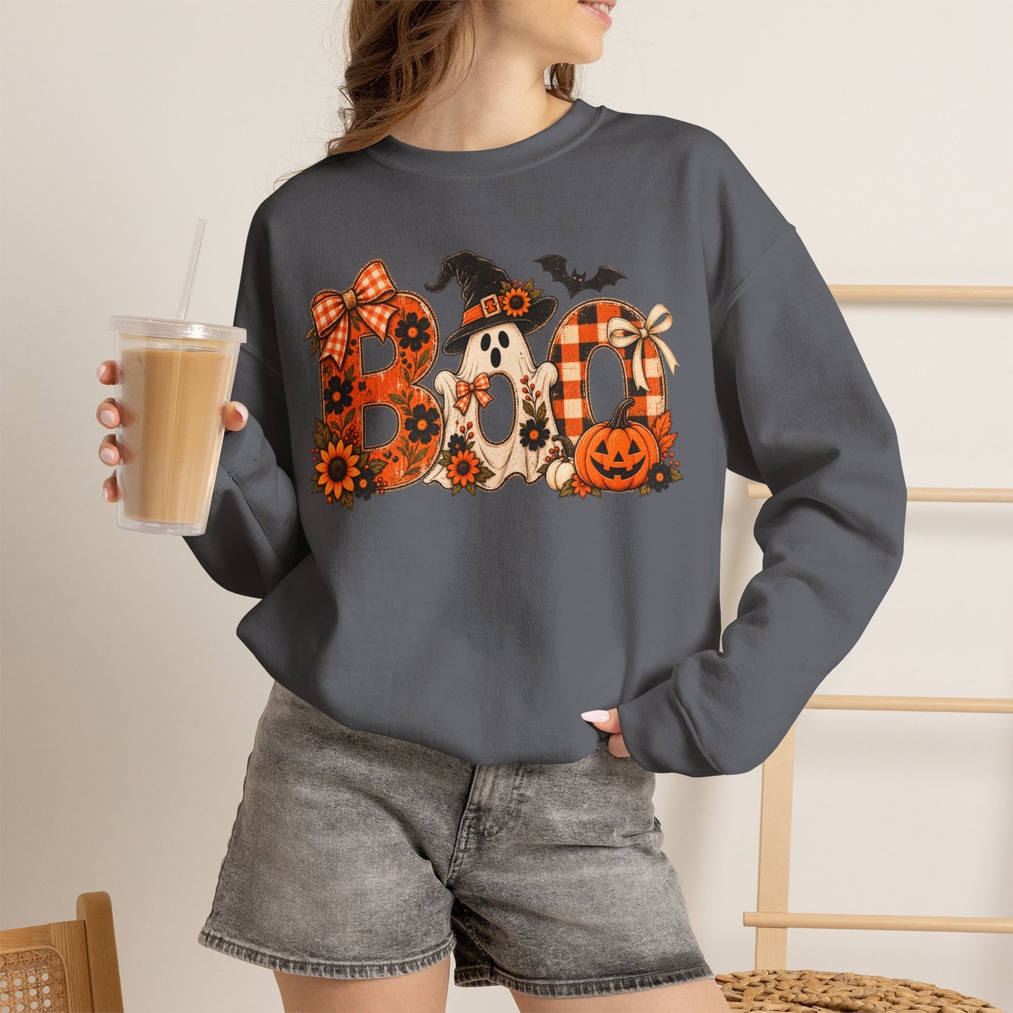 Halloween "Boo" Crewneck Sweatshirt — Cute Pumpkin & Ghost Fall Pullover