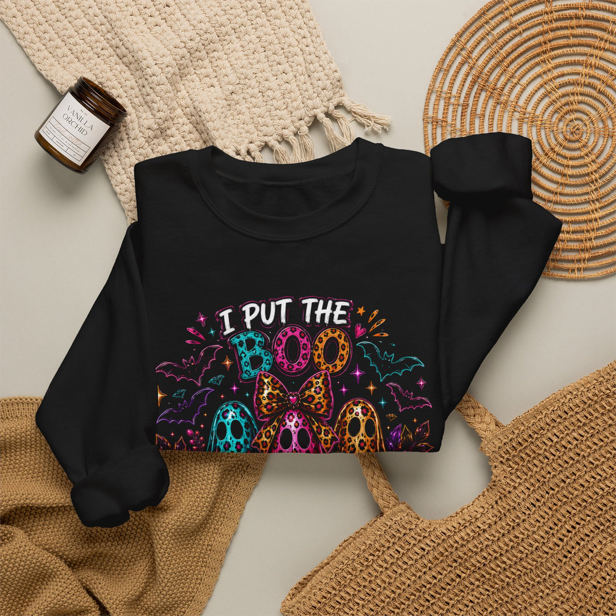 Halloween Crewneck Sweatshirt - "I Put the Boo in Boo-tee" Colorful Ghosts