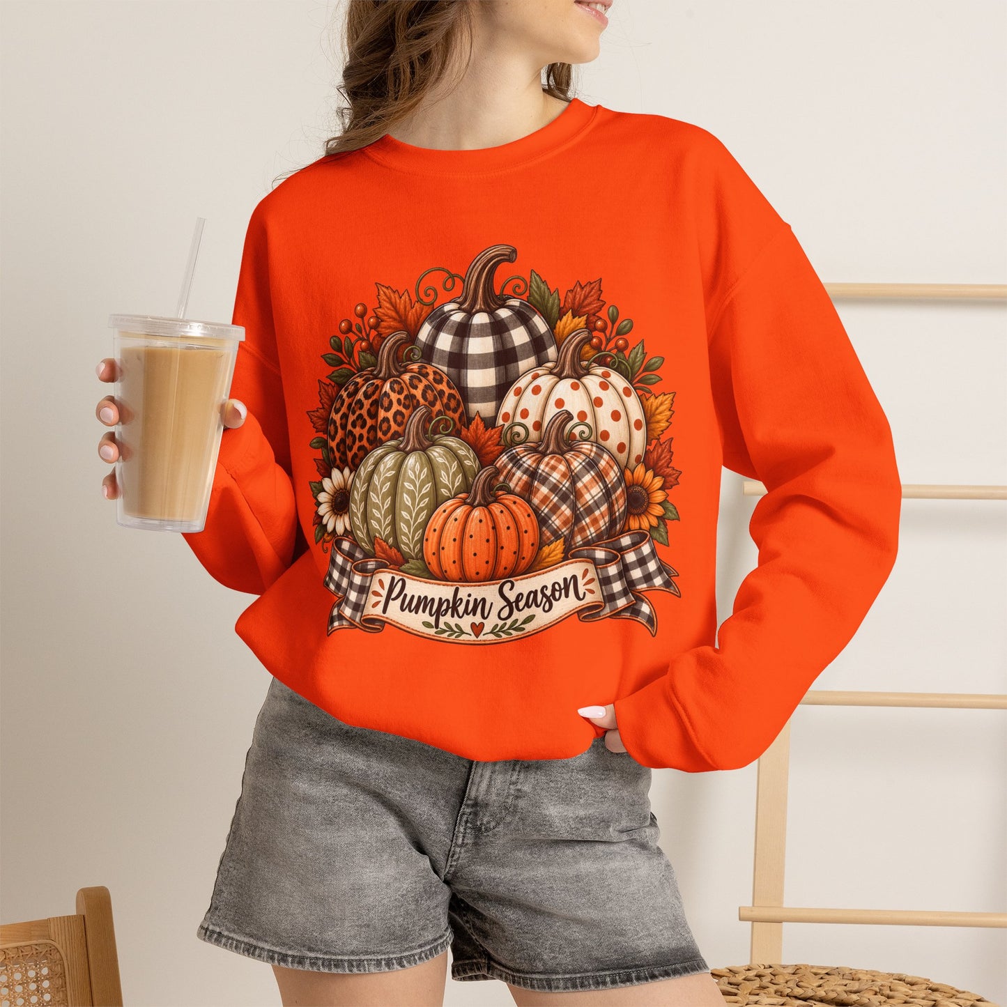 Pumpkin Season Fall Sweatshirt — Plaid & Floral Autumn Pumpkins Crewneck