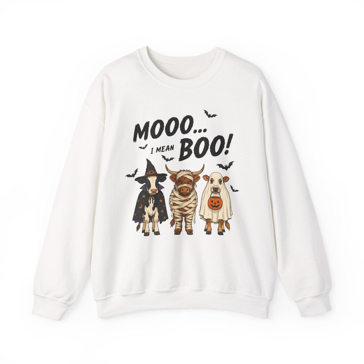 Halloween Cow Crewneck Sweatshirt — "Mooo... I Mean Boo!" Cute Farm Animals Costume Pullover