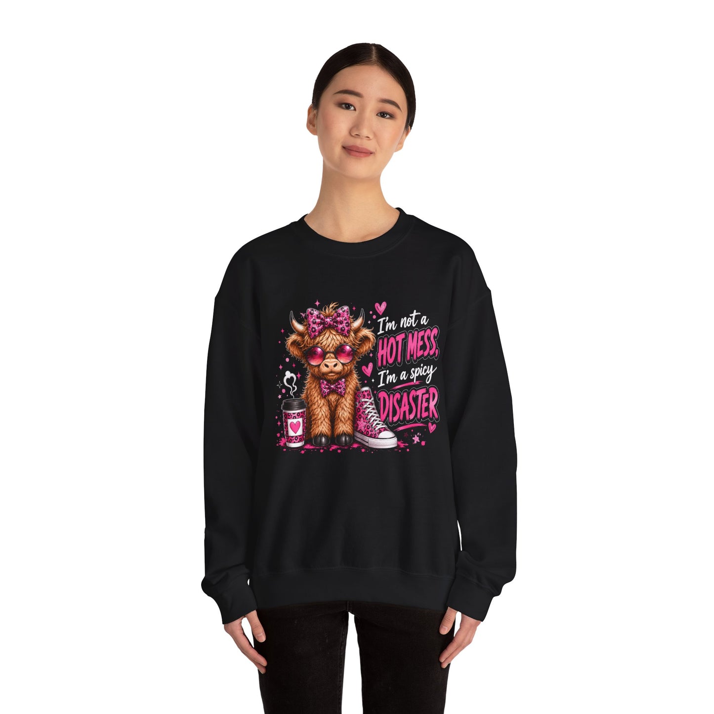 Spicy Disaster Dog Crewneck Sweatshirt — “I’m not a hot mess, I’m a spicy disaster” Graphic Sweatshirt