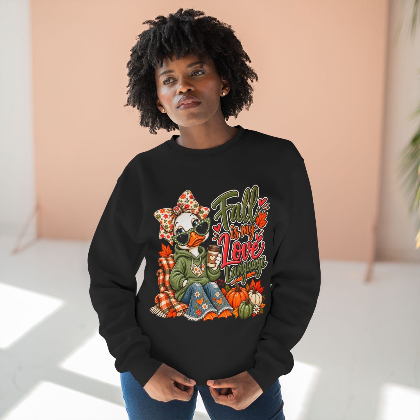 Fall Is My Love Language Sweatshirt — Cozy Autumn Duck Design with Pumpkins