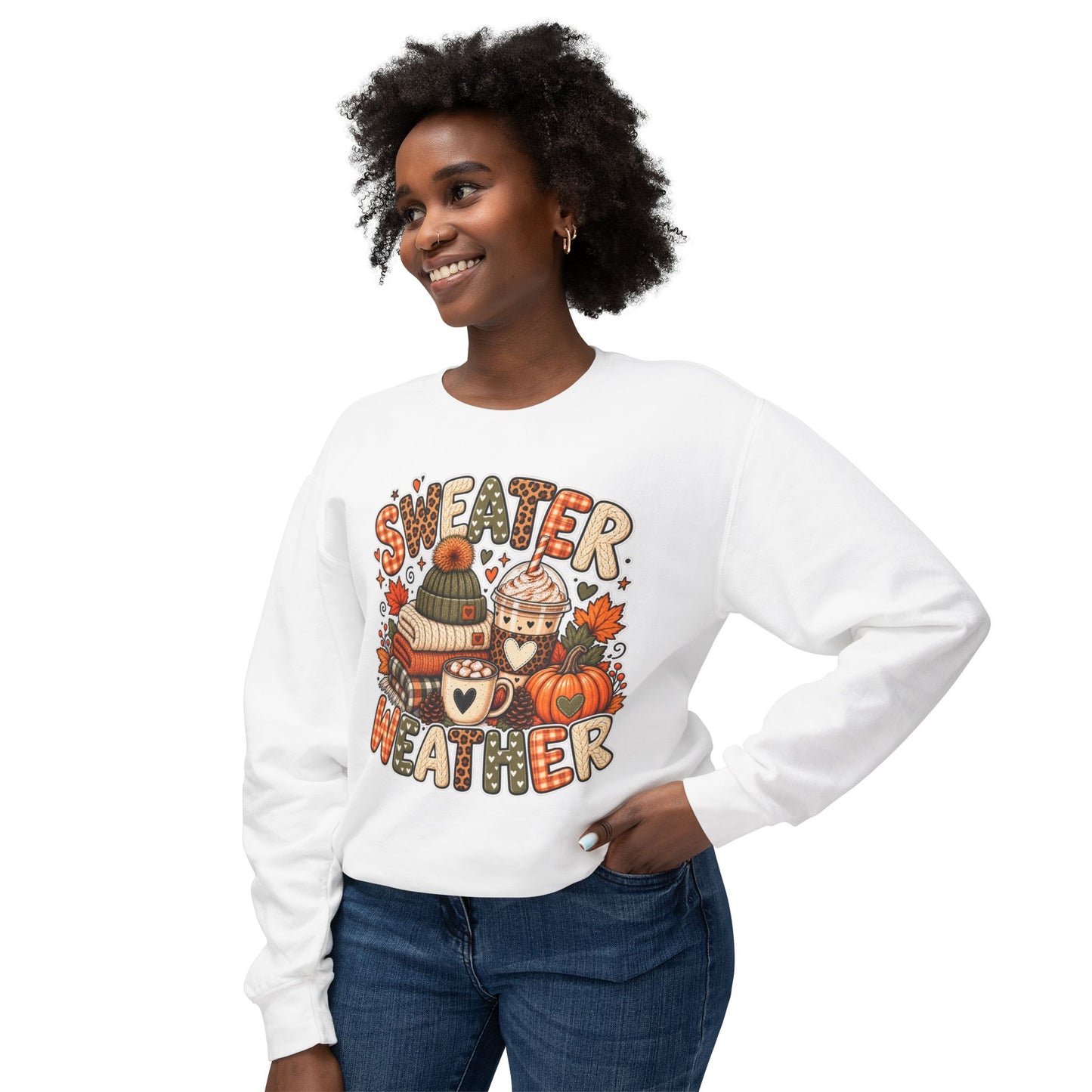 Sweater Weather Crewneck Sweatshirt – Cozy Fall Pumpkin & Hot Cocoa Graphic