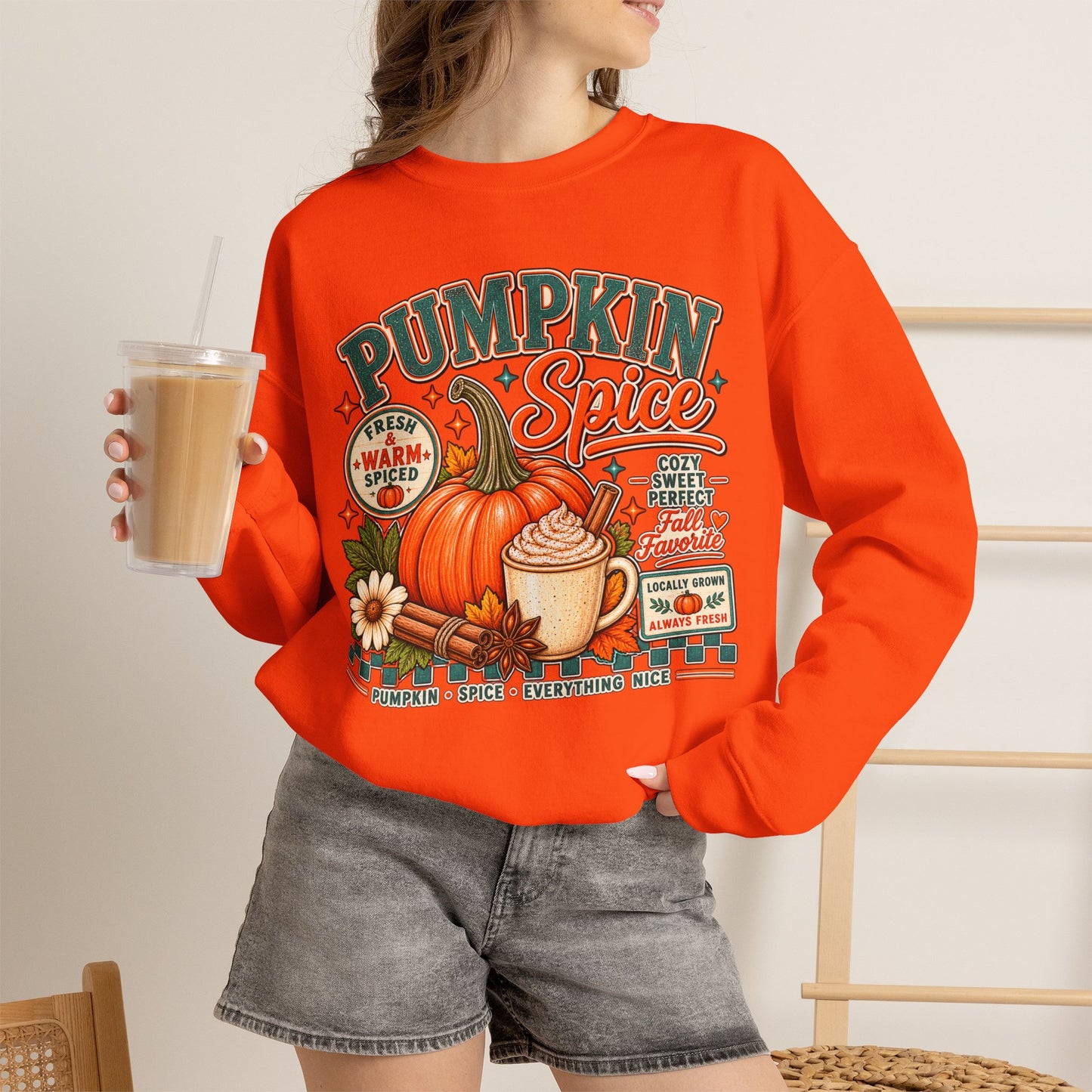 Pumpkin Spice Crewneck Sweatshirt — Cozy Fall Pumpkin Latte Graphic
