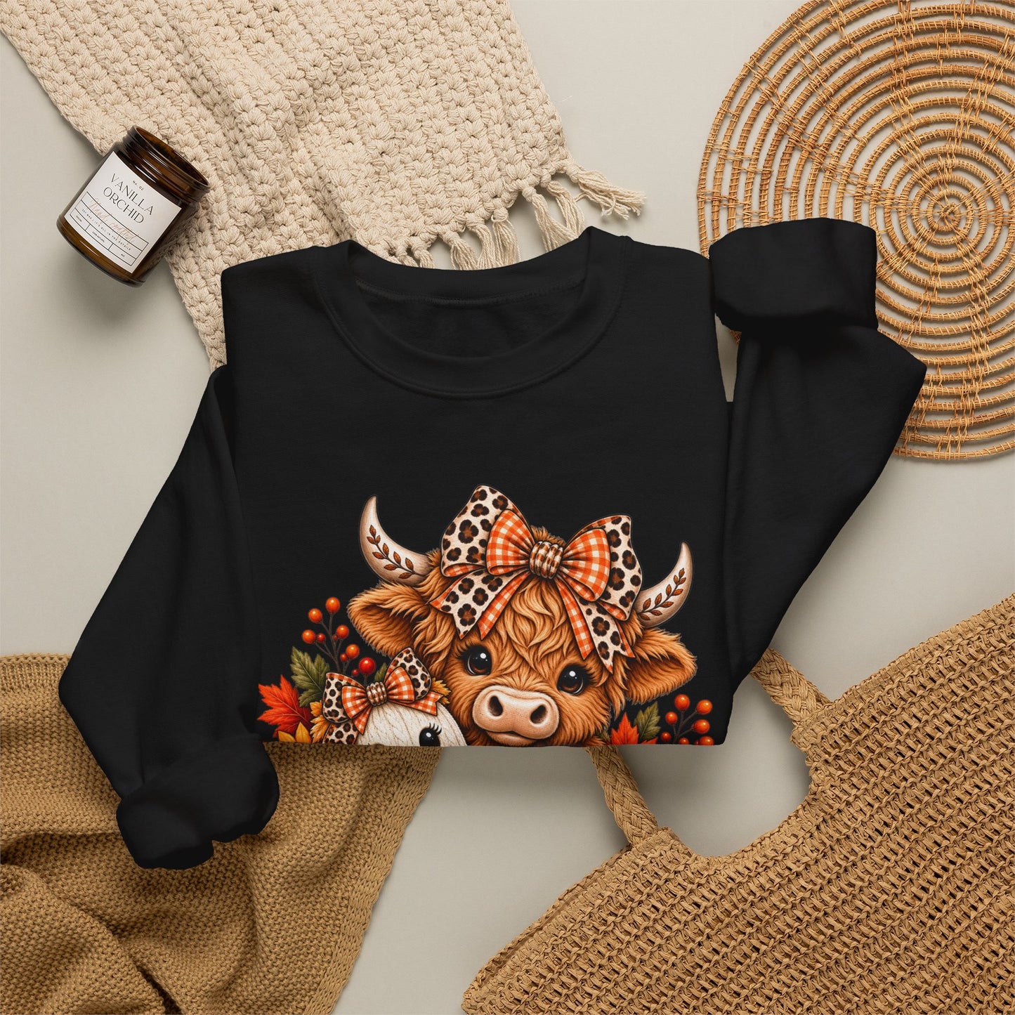 Autumn Highland Cow & Ghost Crewneck Sweatshirt — Cute Halloween Fall Graphic