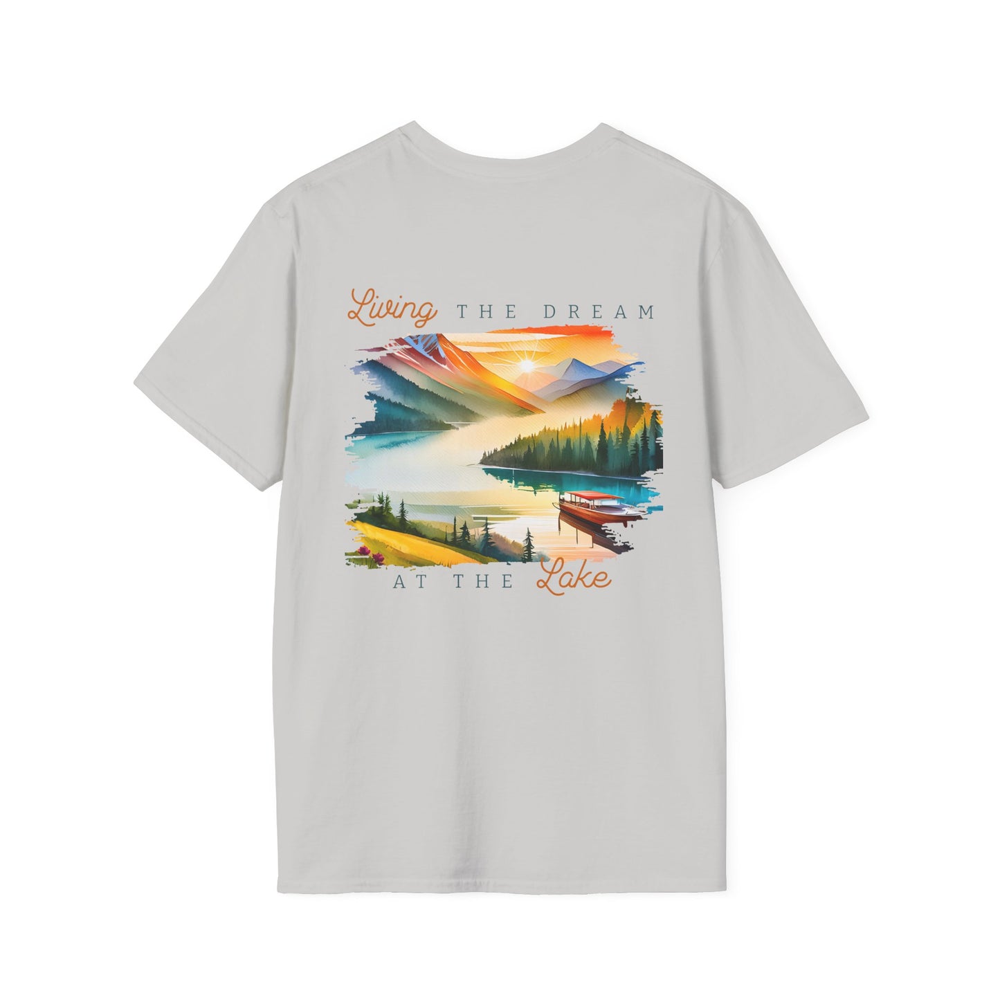 Lake Life T-Shirt — "Living the Dream at the Lake" Boat & Mountain Scene