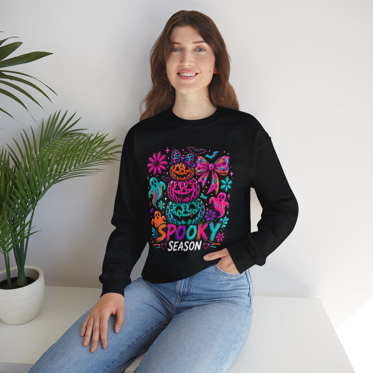 Spooky Season Sweatshirt — Colorful Neon Halloween Pumpkin & Ghost Crewneck