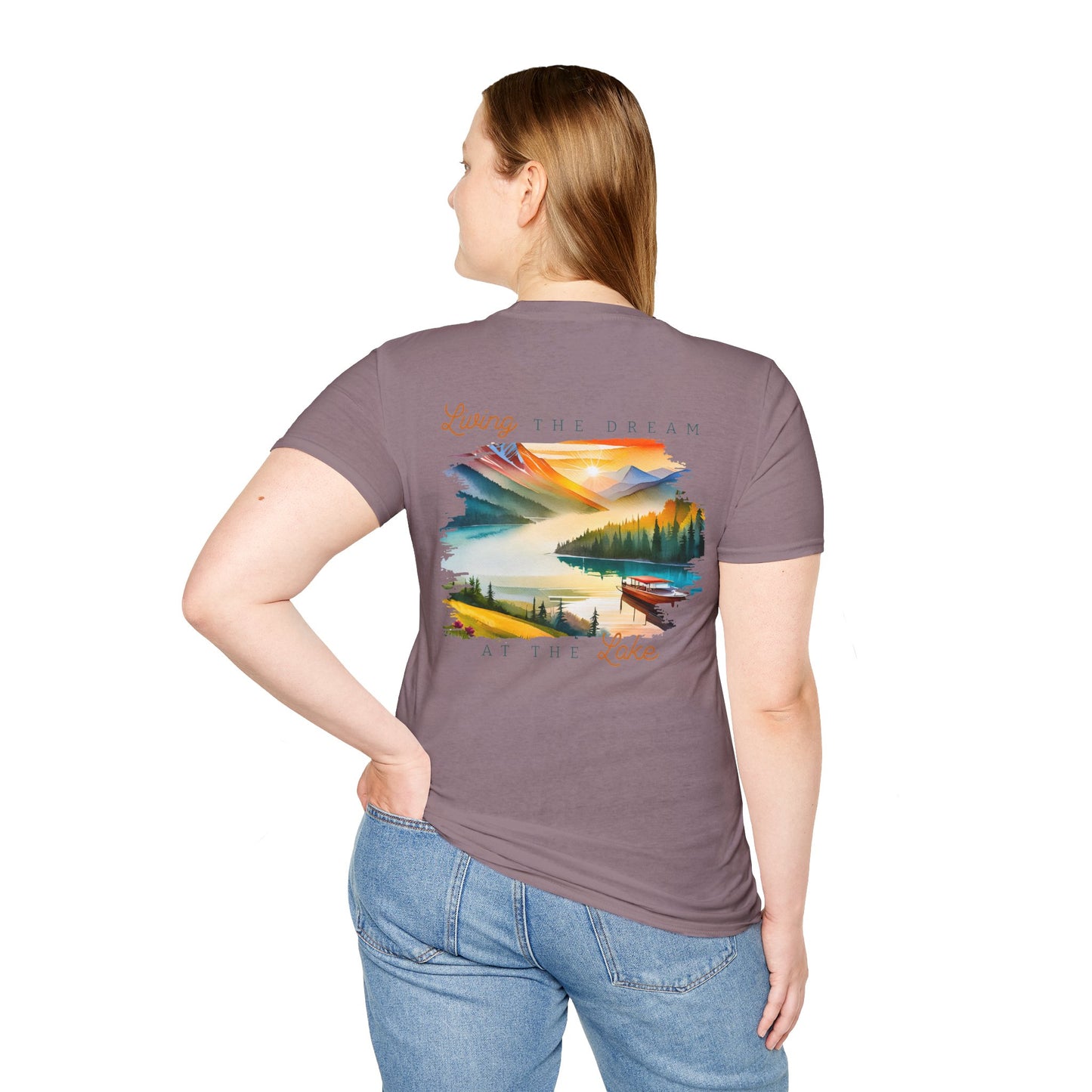 Lake Life T-Shirt — "Living the Dream at the Lake" Boat & Mountain Scene