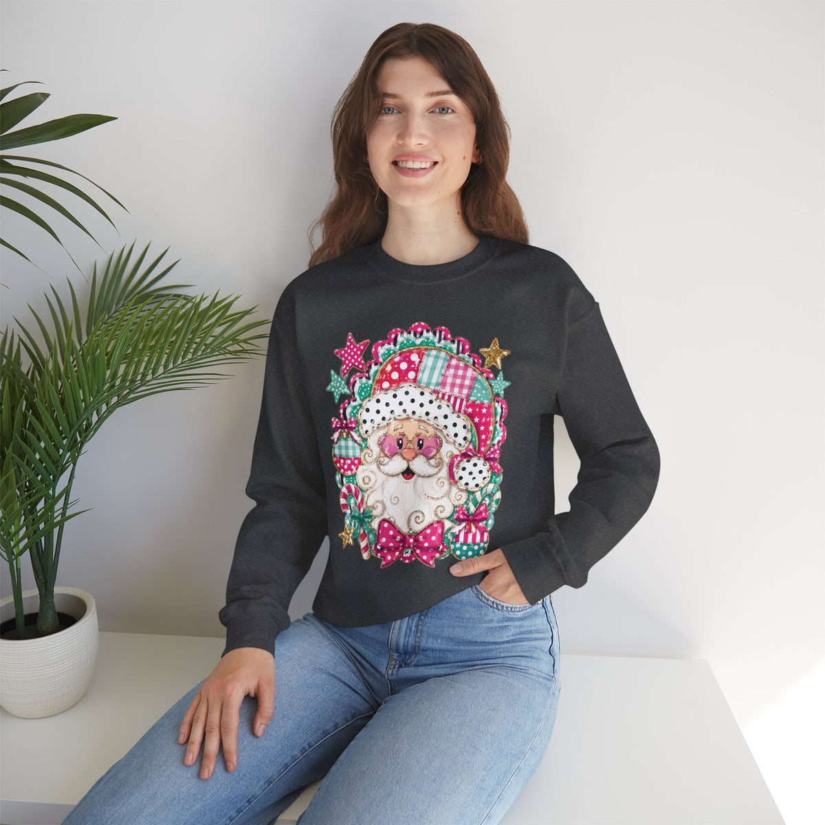 Pink Patchwork Santa Sweatshirt — Cute Christmas Crewneck for Women & Kids