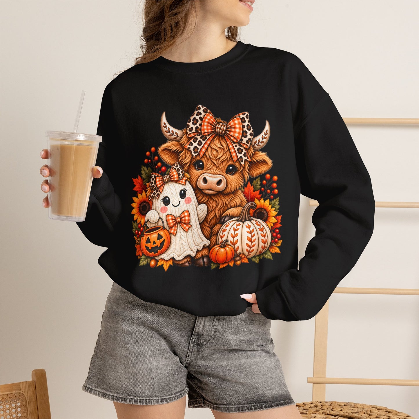 Autumn Highland Cow & Ghost Crewneck Sweatshirt — Cute Halloween Fall Graphic