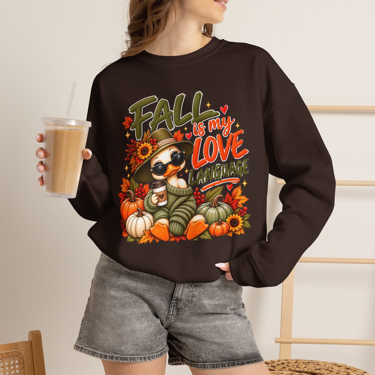 Fall Is My Love Language Sweatshirt — Cute Duck & Pumpkin Autumn Crewneck