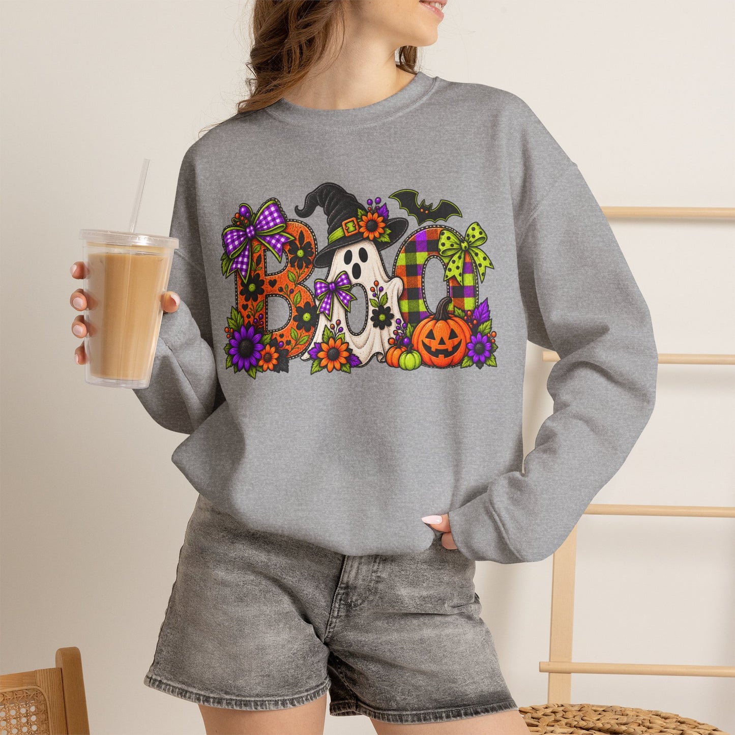 Halloween "BOO!" Crewneck Sweatshirt — Cute Spooky Ghost & Pumpkin Pullover