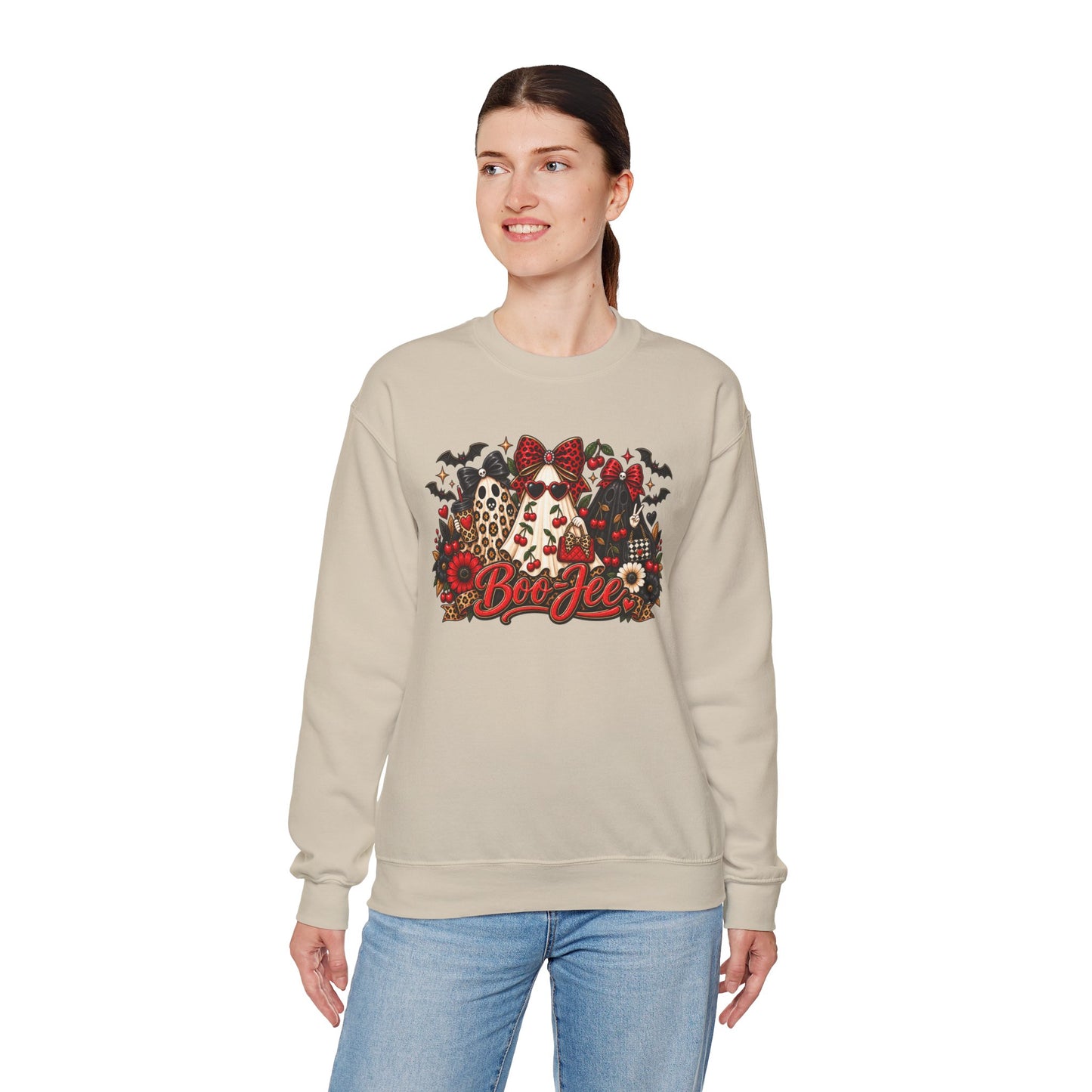 Halloween Boo Crewneck Sweatshirt — Cute Ghosts, Bats & Plaid Pumpkin Design