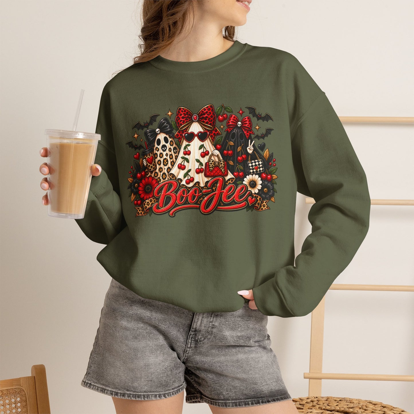 Halloween Boo Crewneck Sweatshirt — Cute Ghosts, Bats & Plaid Pumpkin Design