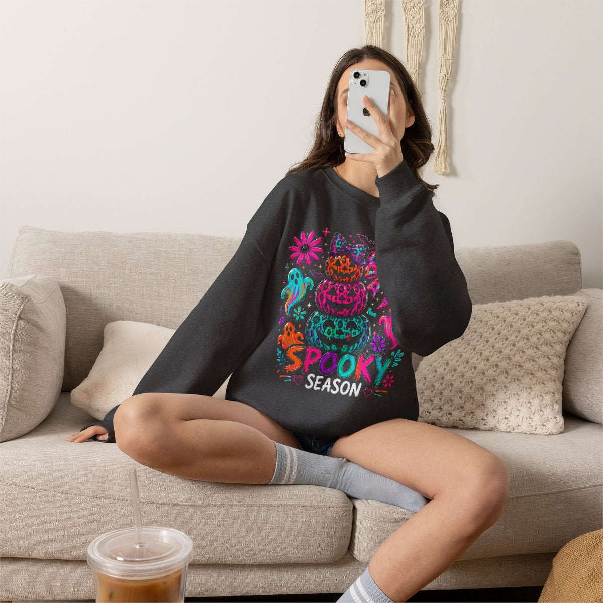 Spooky Season Sweatshirt — Colorful Neon Halloween Pumpkin & Ghost Crewneck