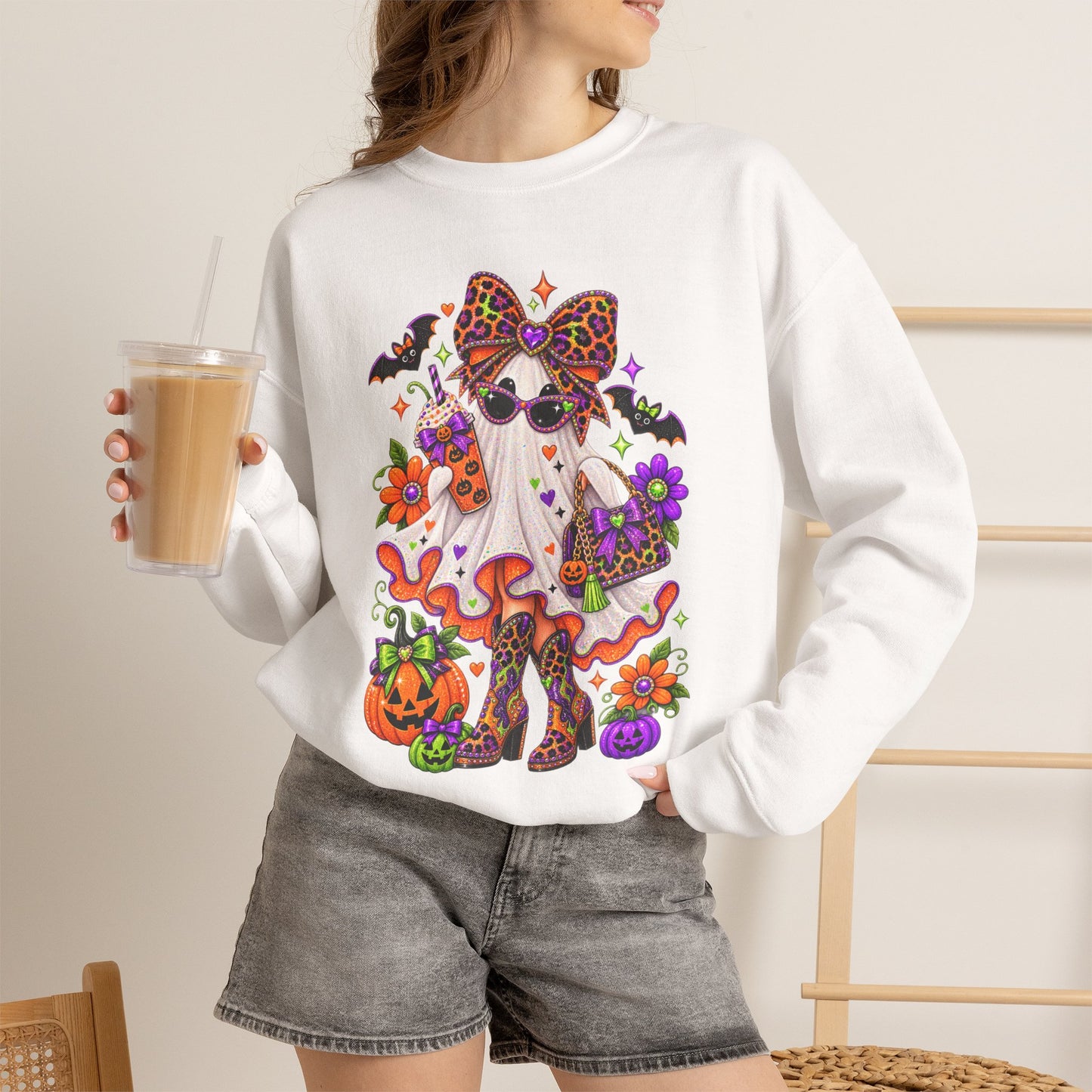 Halloween Ghost Cat Crewneck Sweatshirt — Cute Spooky Pumpkin & Bat Graphic