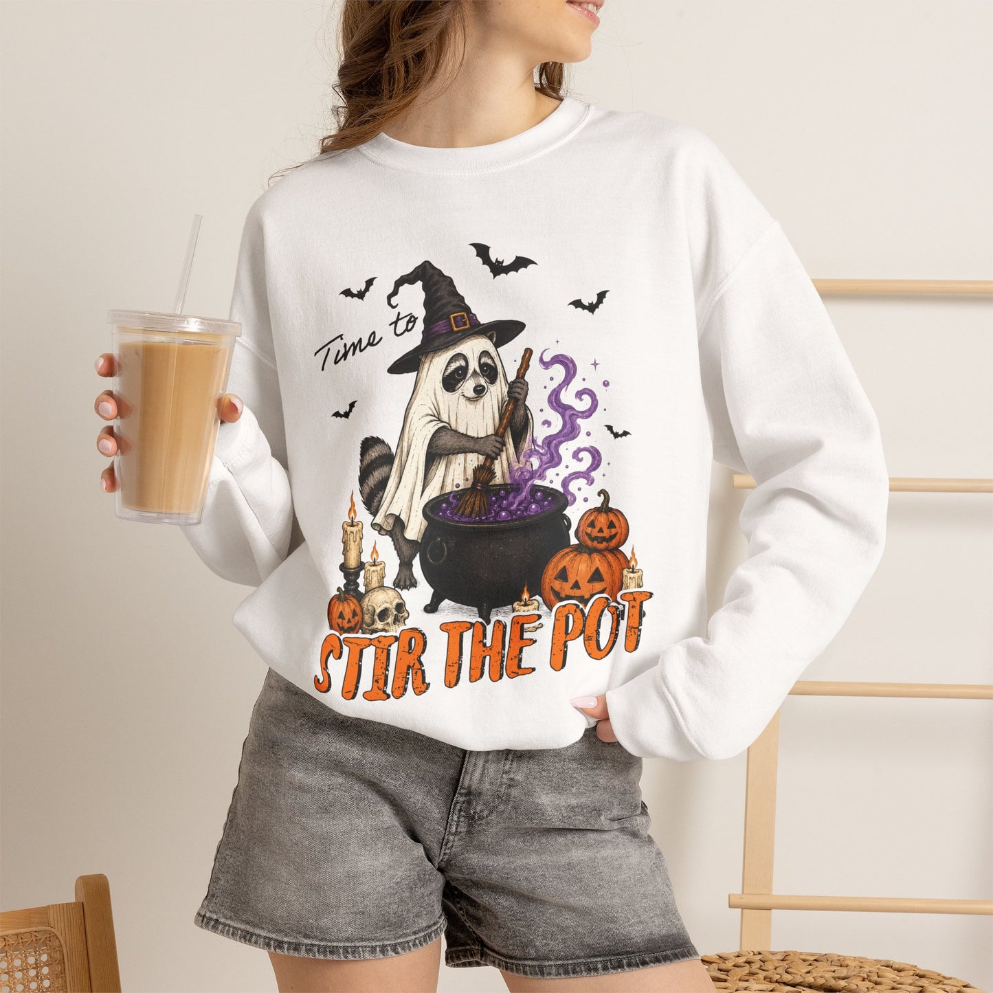Sweatshirt — "Stir the Pot" Witch Raccoon Halloween Crewneck