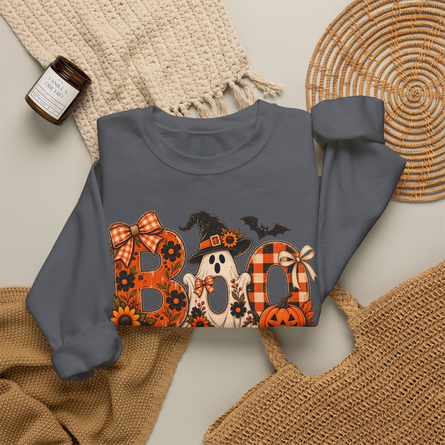 Halloween "Boo" Crewneck Sweatshirt — Cute Pumpkin & Ghost Fall Pullover