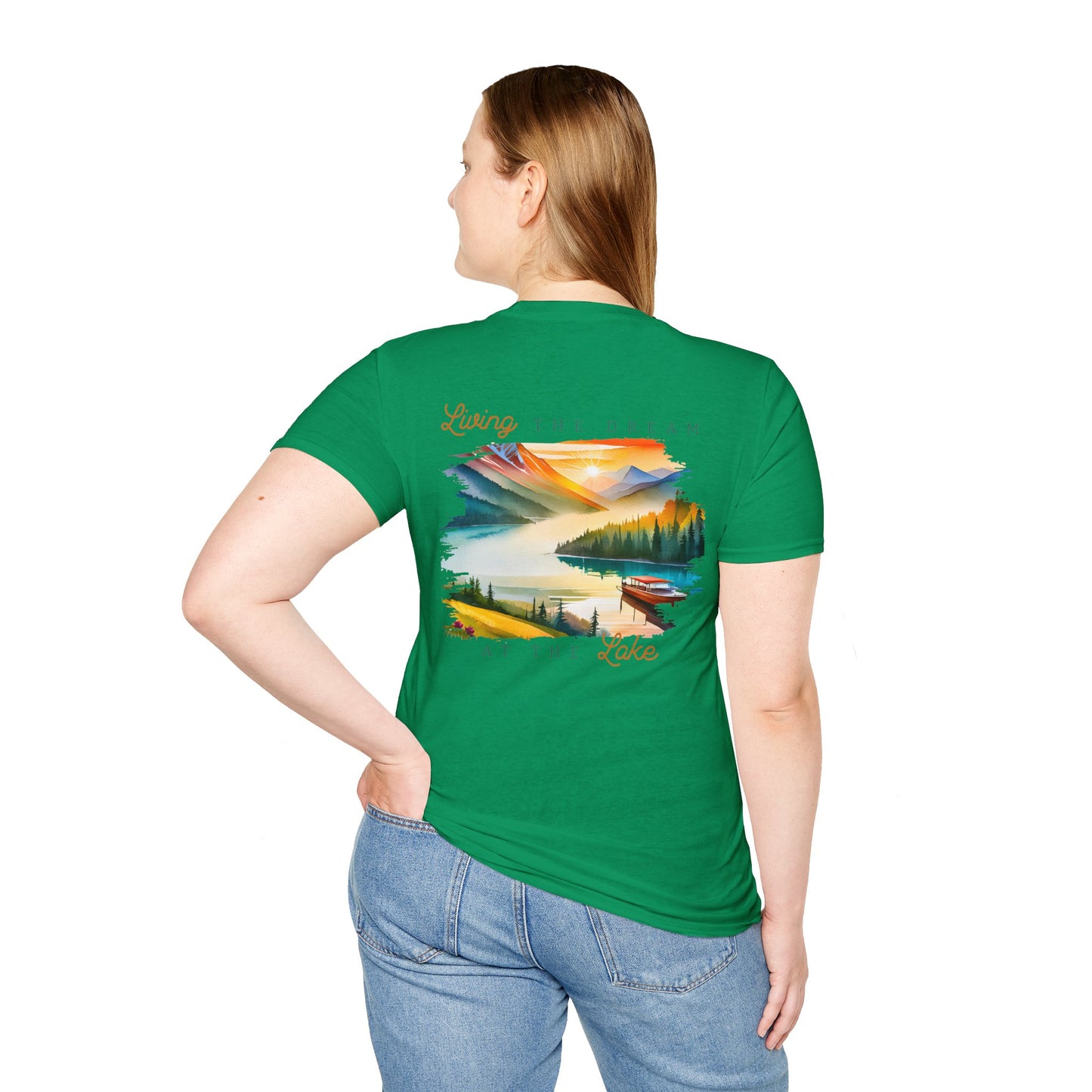 Lake Life T-Shirt — "Living the Dream at the Lake" Boat & Mountain Scene