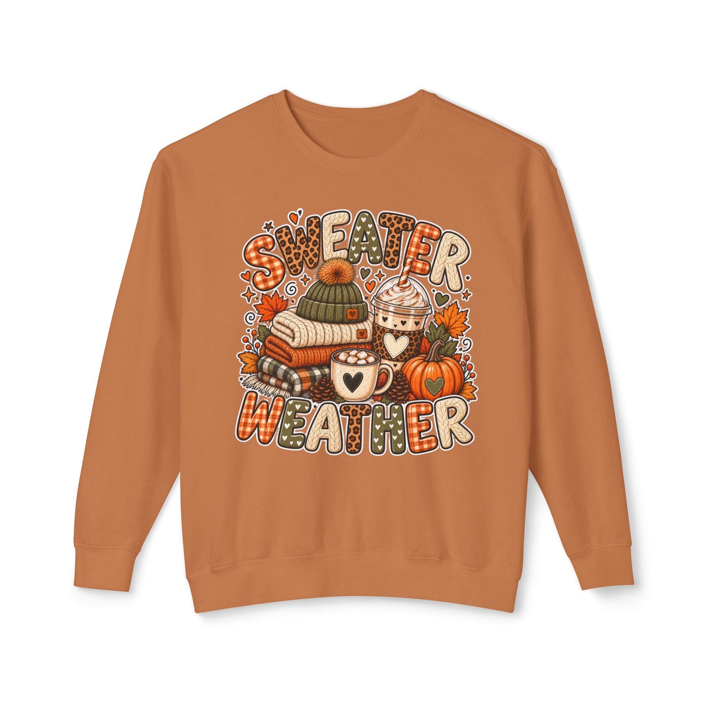 Sweater Weather Crewneck Sweatshirt – Cozy Fall Pumpkin & Hot Cocoa Graphic