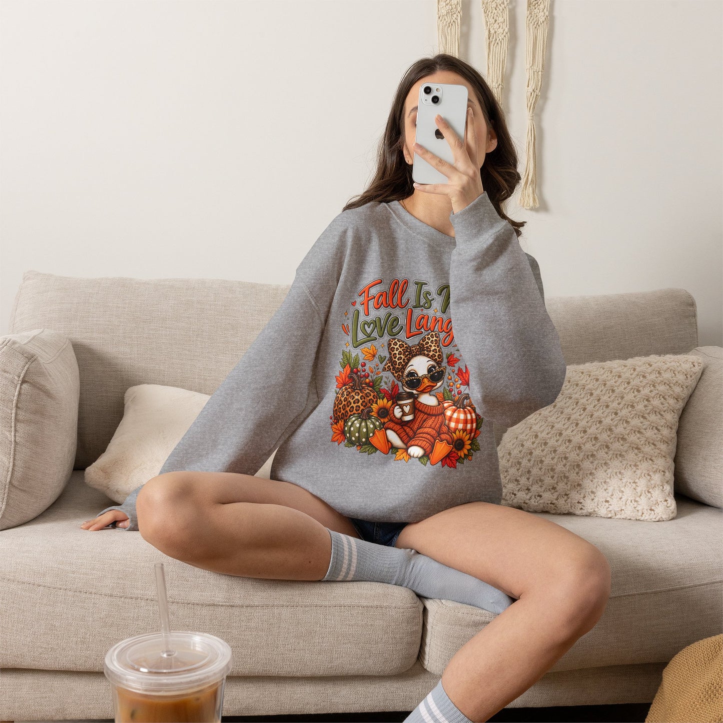 Fall Is My Love Language Duck Sweatshirt — Cute Autumn Duck & Pumpkins Crewneck