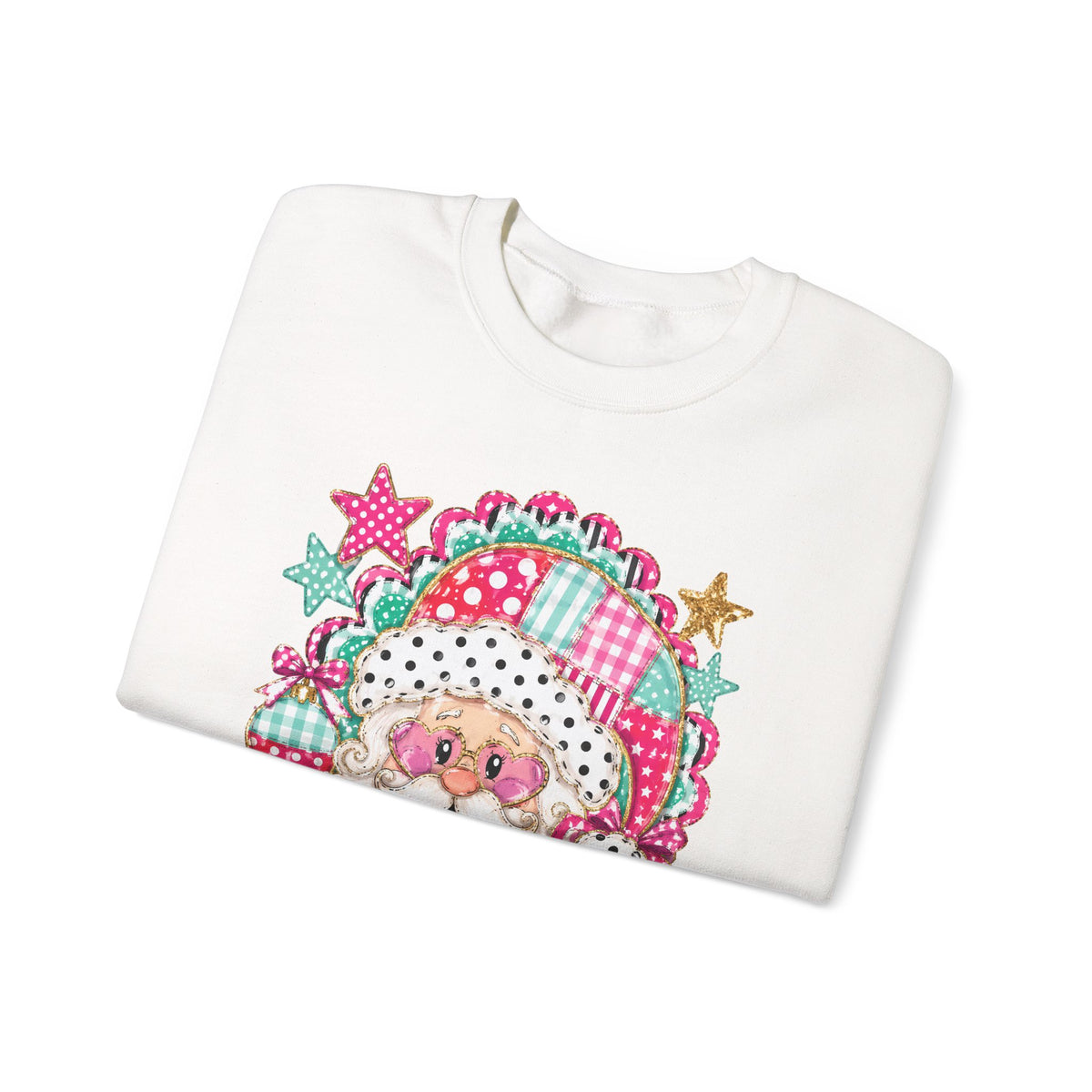 Pink Patchwork Santa Sweatshirt — Cute Christmas Crewneck for Women & Kids