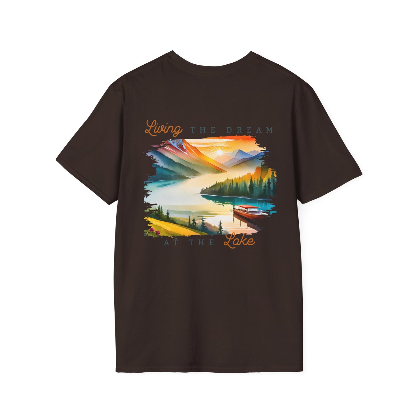 Lake Life T-Shirt — "Living the Dream at the Lake" Boat & Mountain Scene
