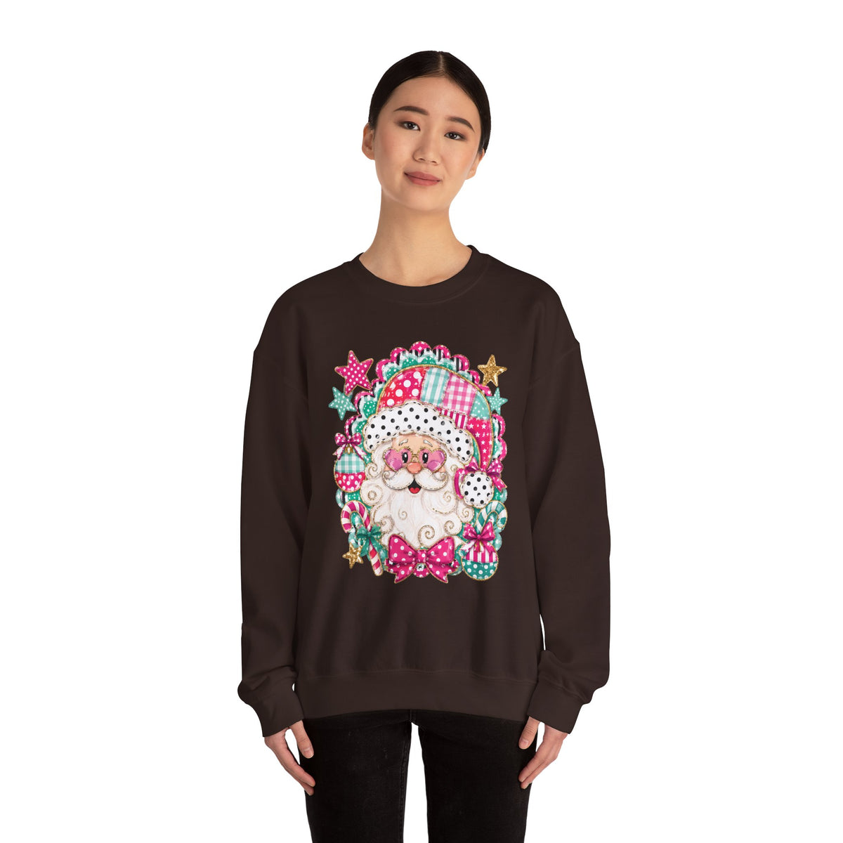 Pink Patchwork Santa Sweatshirt — Cute Christmas Crewneck for Women & Kids