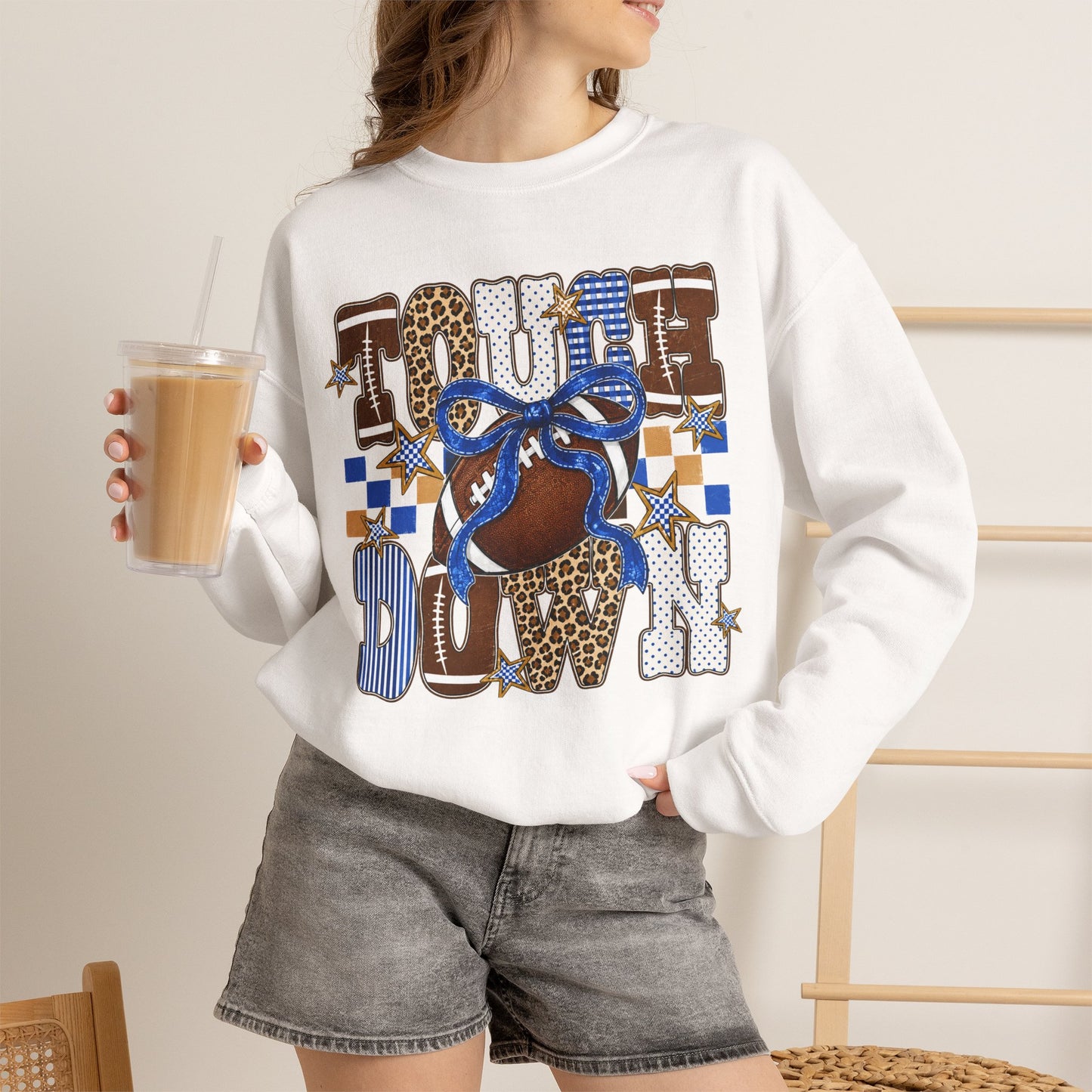 Touchdown Football Crewneck Sweatshirt — Blue & Leopard Print Game Day Pullover