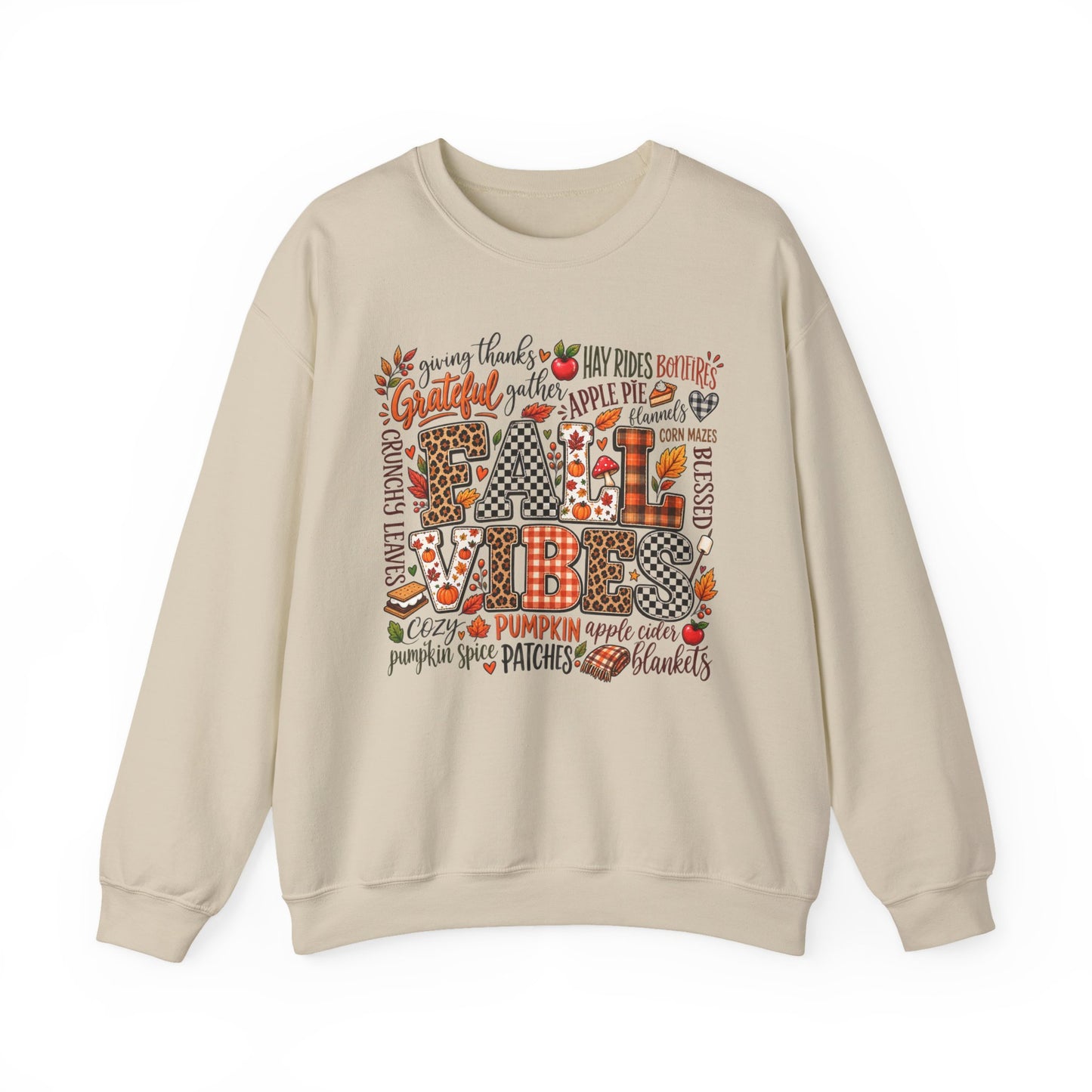 Fall Vibes Crewneck Sweatshirt — Autumn Leaves, Pumpkins & Cozy Plaid Design